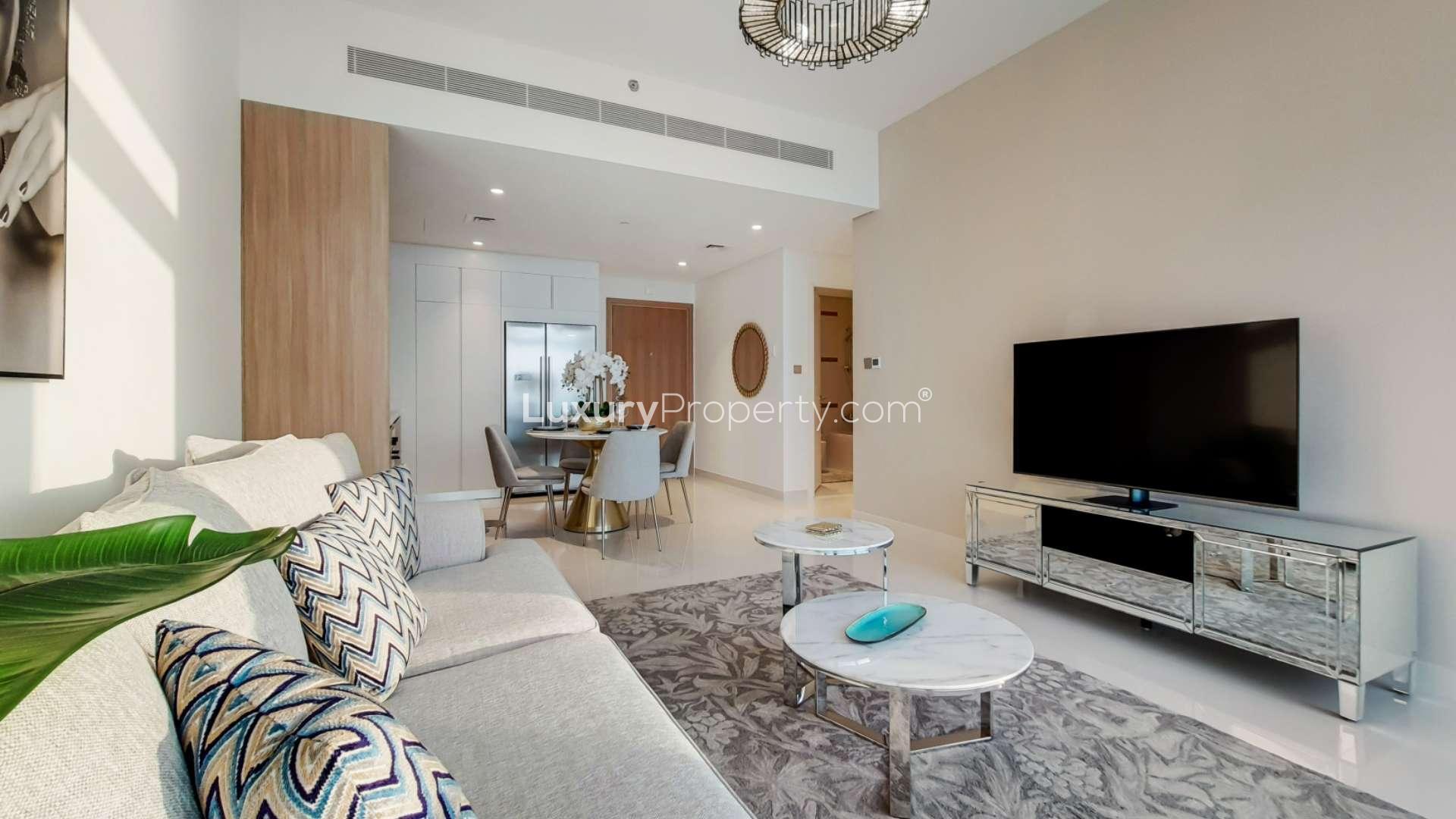 Apartment living room with sea view, modern decor, Emaar Beachfront, Dubai Harbour