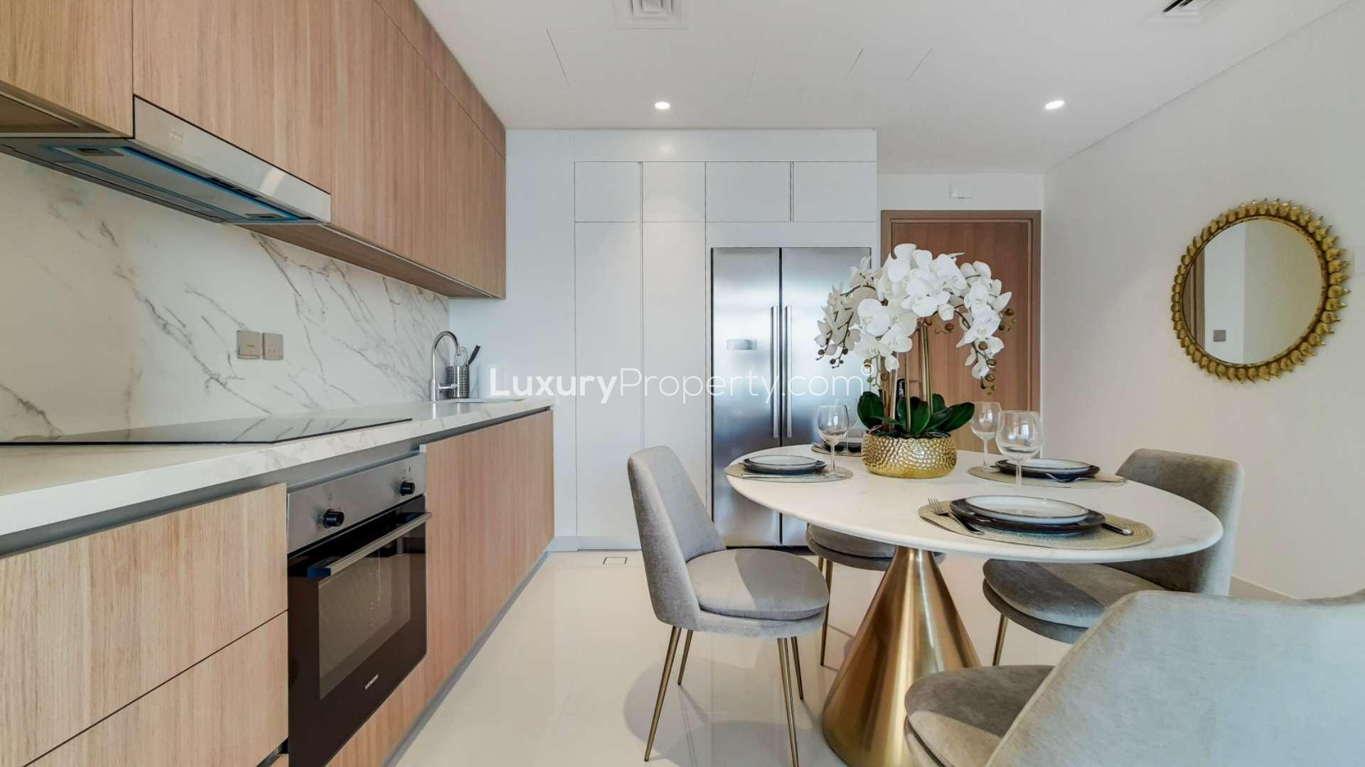 Modern living room in Dubai Harbour apartment with stylish decor and open layout