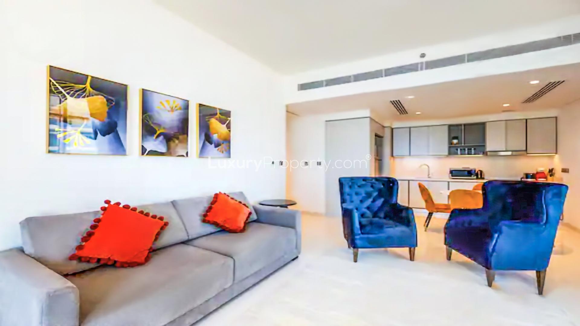 Luxurious living room in Sunrise Bay apartment, Emaar Beachfront, Dubai Harbour