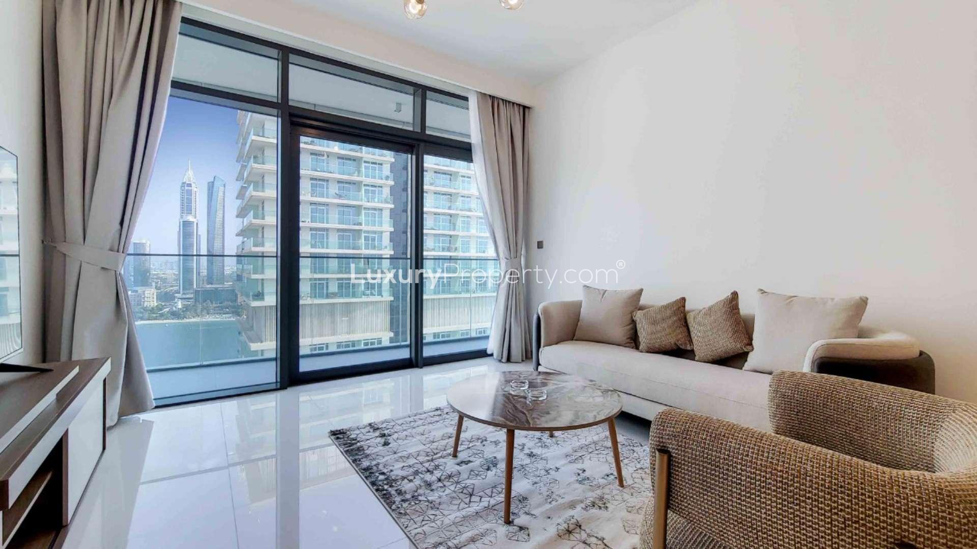 Balcony view of marina and Palm from Emaar Beachfront apartment in Dubai Harbour