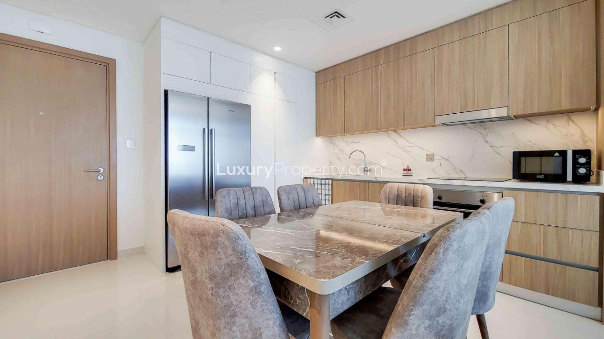 Elegant living room in 2-bed apartment, Emaar Beachfront, Dubai Harbour, modern decor, spacious layout