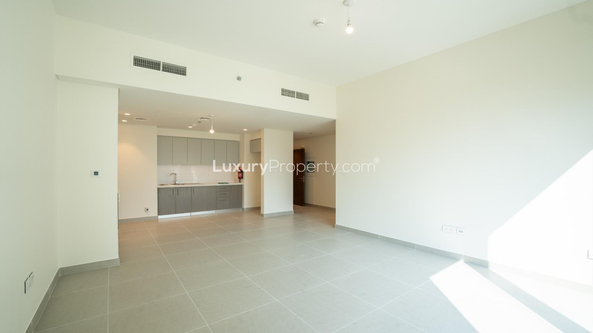 Brand new modern living area in Forte apartment, Downtown Dubai, with large windows