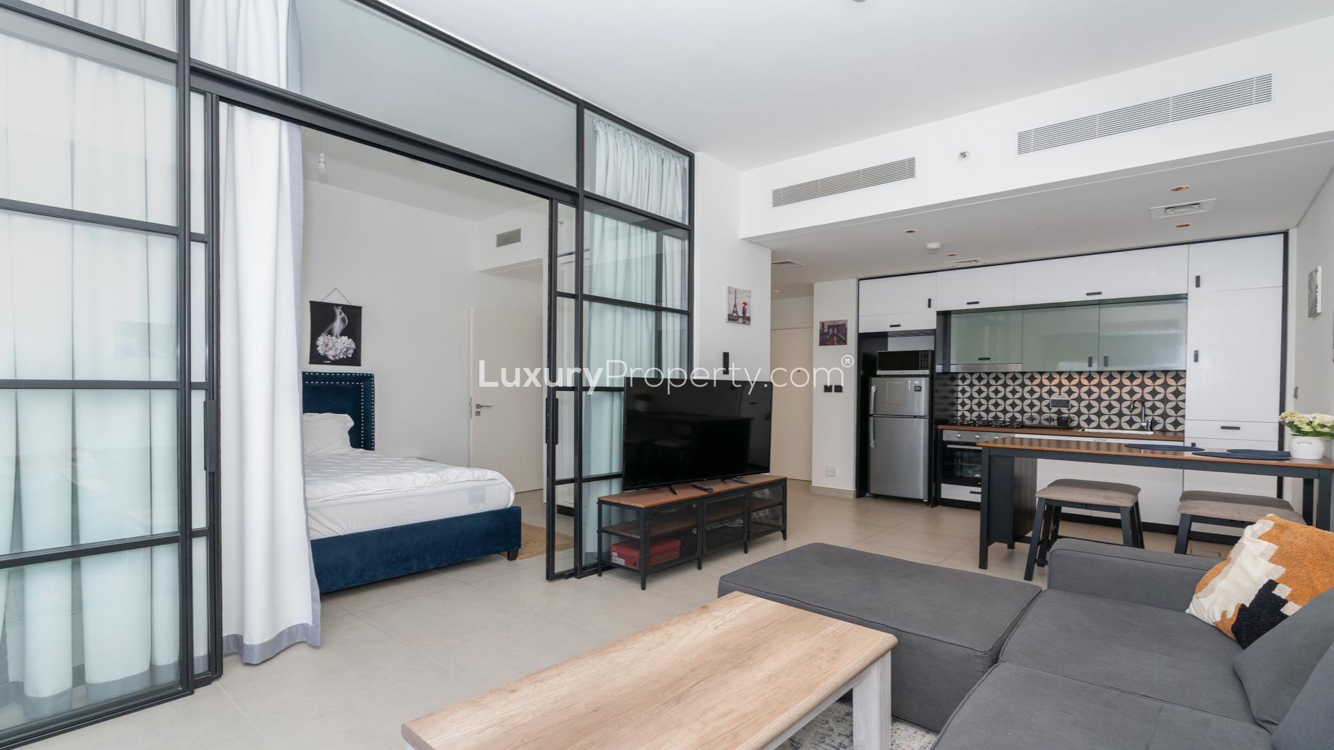 Furnished apartment living room with large sofa, panoramic view, Dubai Hills Estate, Collective 2.0