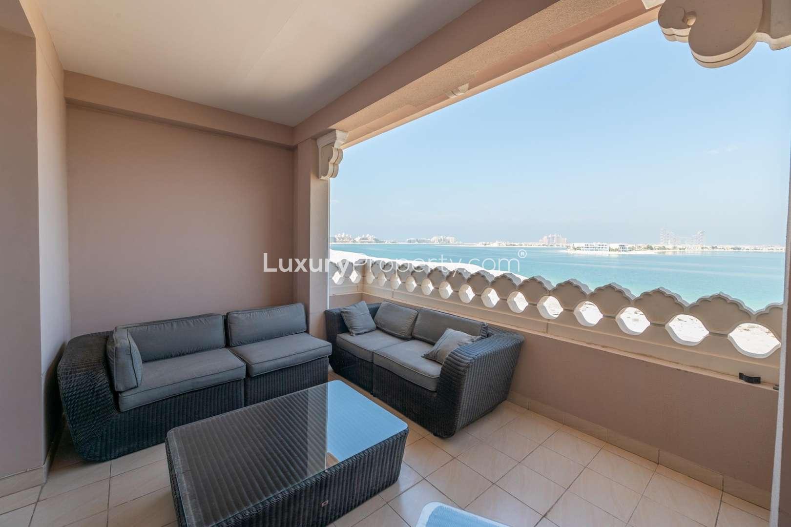 Luxurious terrace seating with sea view at Grandeur Residences, Palm Jumeirah apartment
