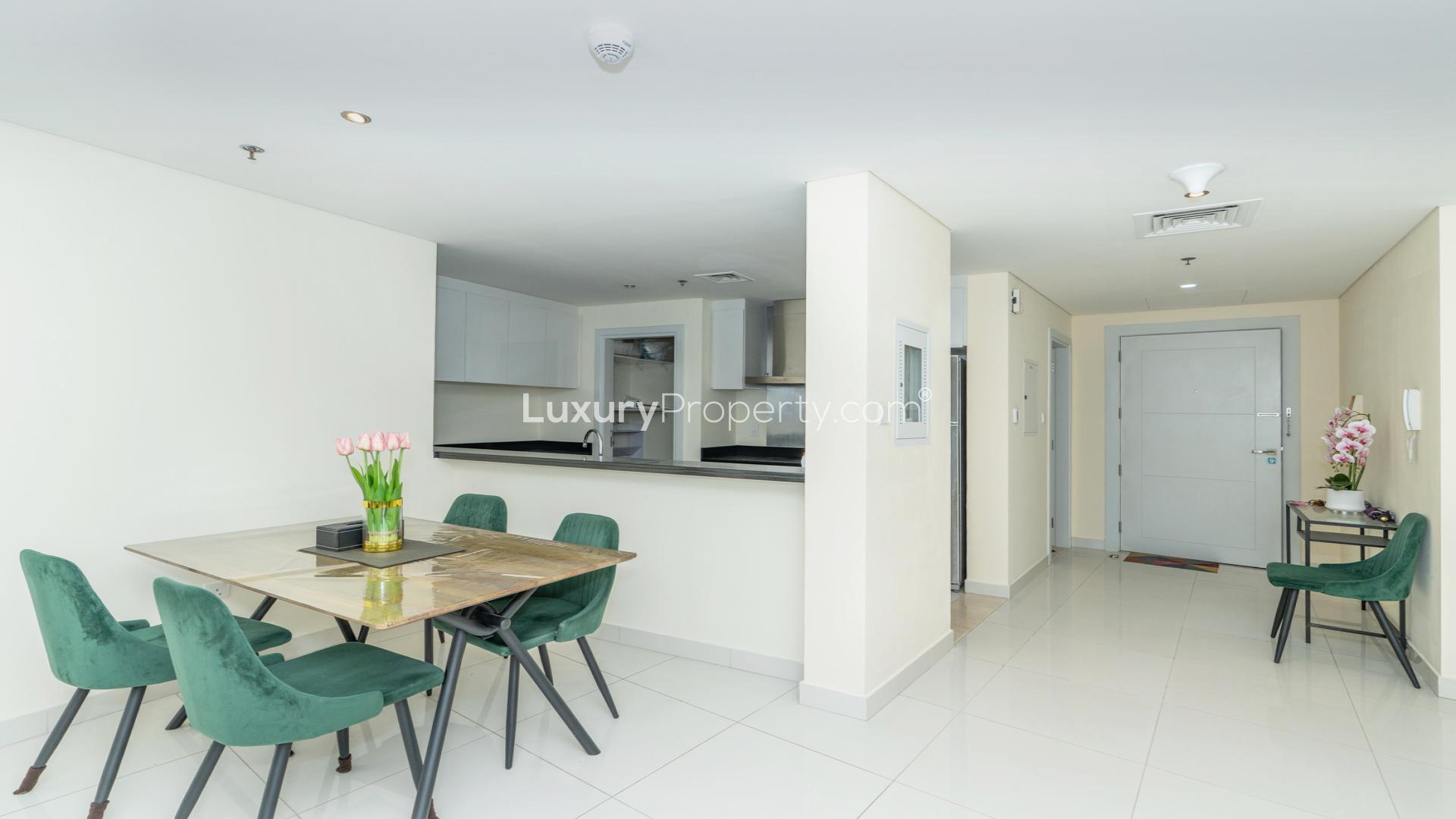 Stunning view of Dubai Marina skyline and waterfront from Damac Heights apartment balcony