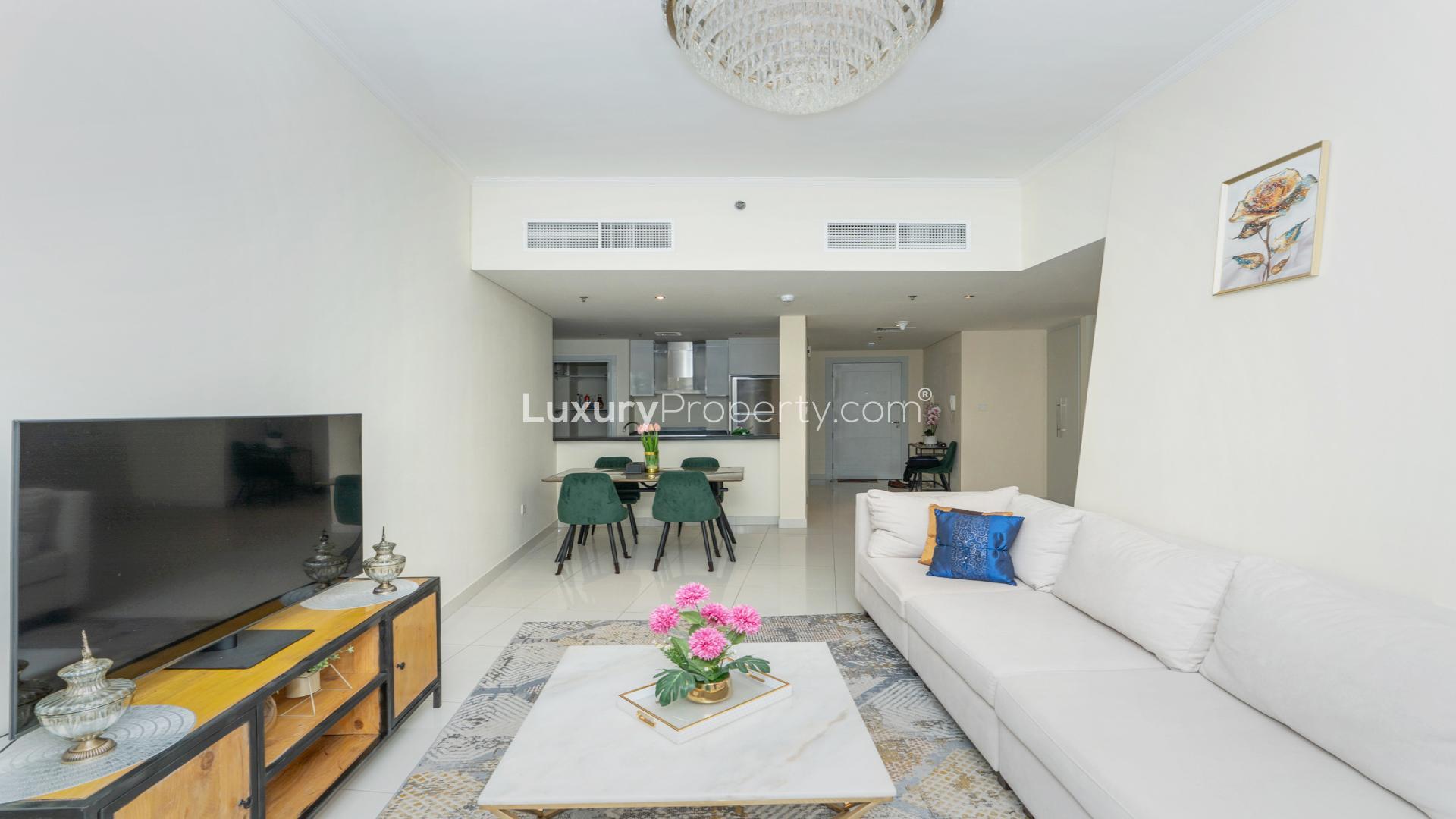 Modern dining area and hallway in Damac Heights, Dubai Marina apartment for rent