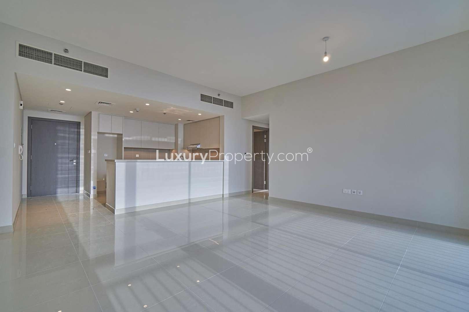Bright living room with large windows in Dubai Creek Harbour apartment for rent