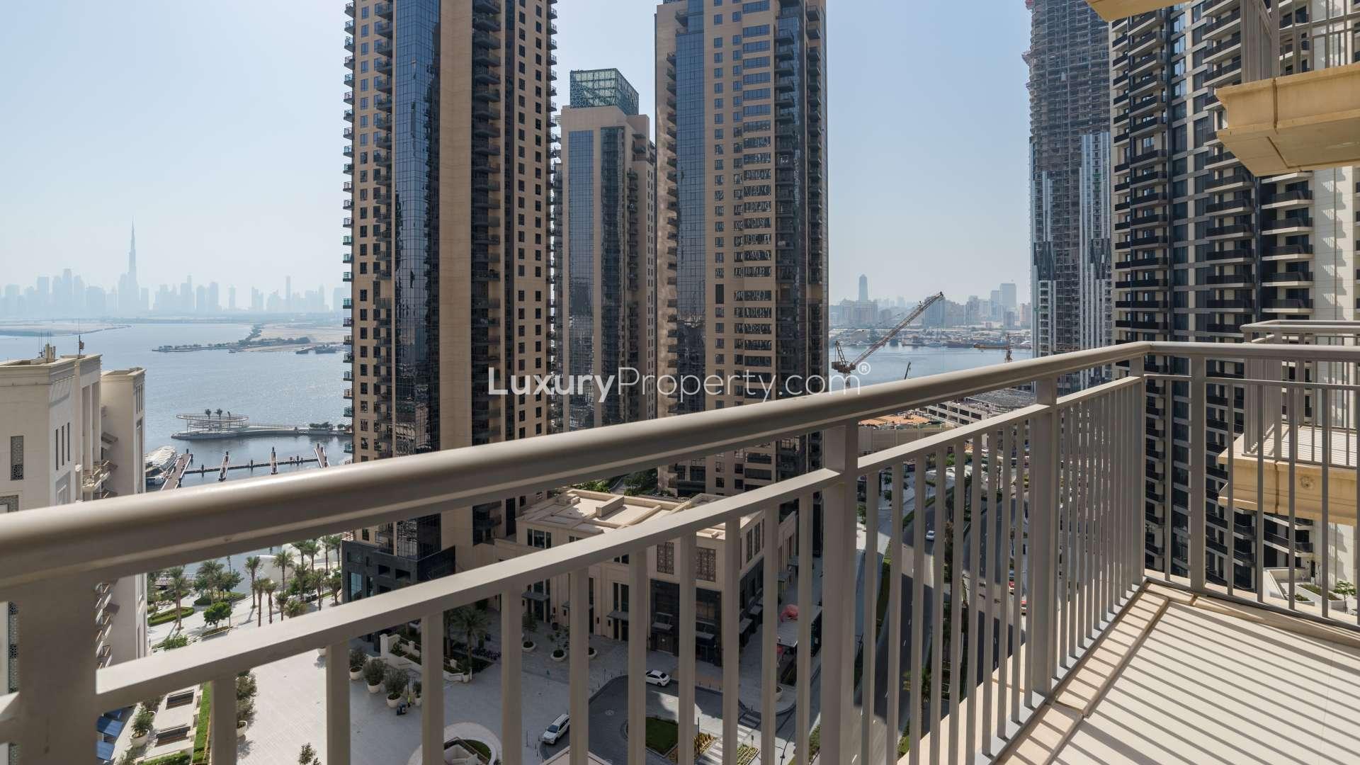 Modern kitchen with city and creek views in Dubai Creek Harbour apartment for rent