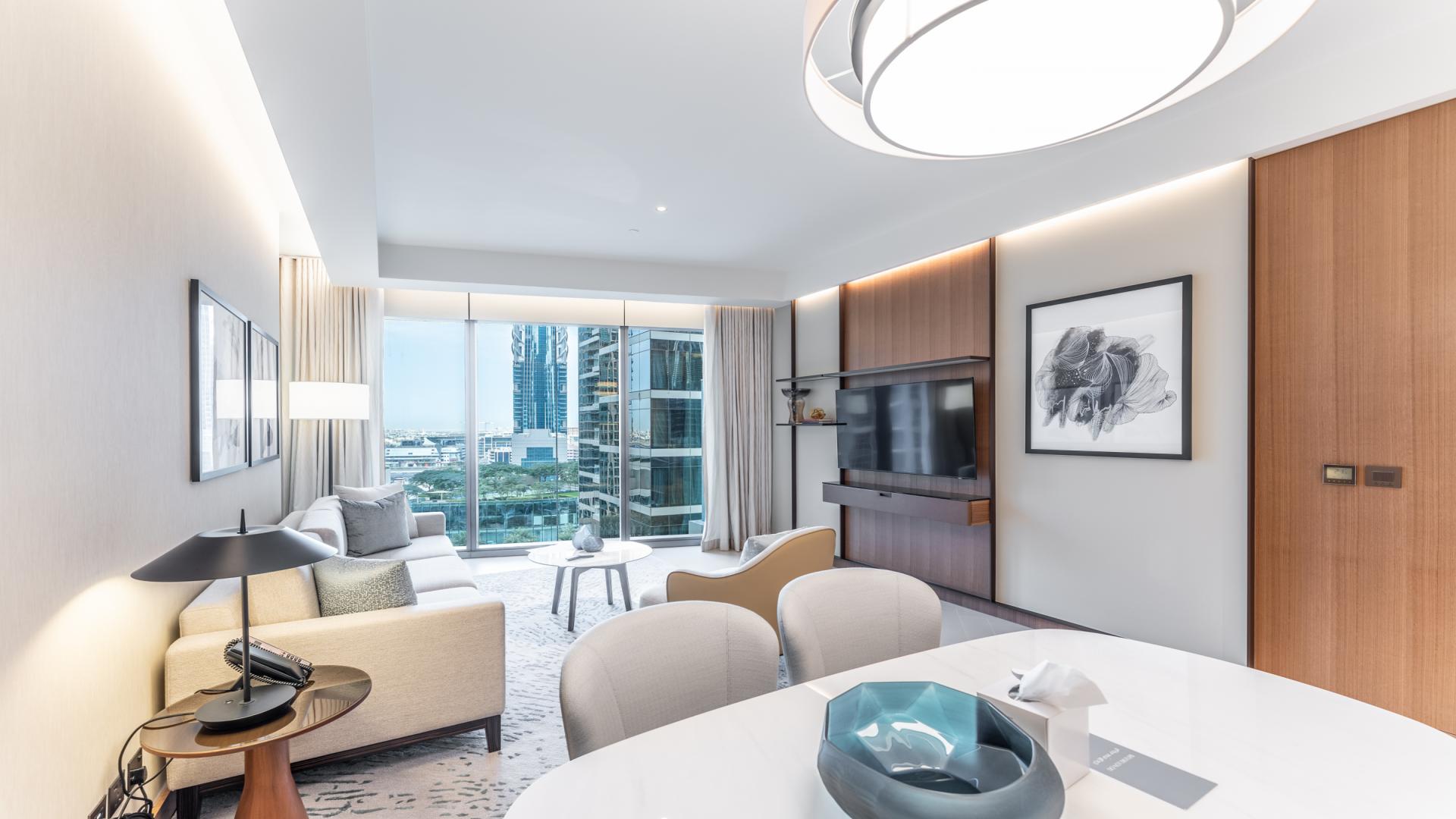 Furnished living room in 2-bed apartment, The Address Residences, Downtown Dubai, city view