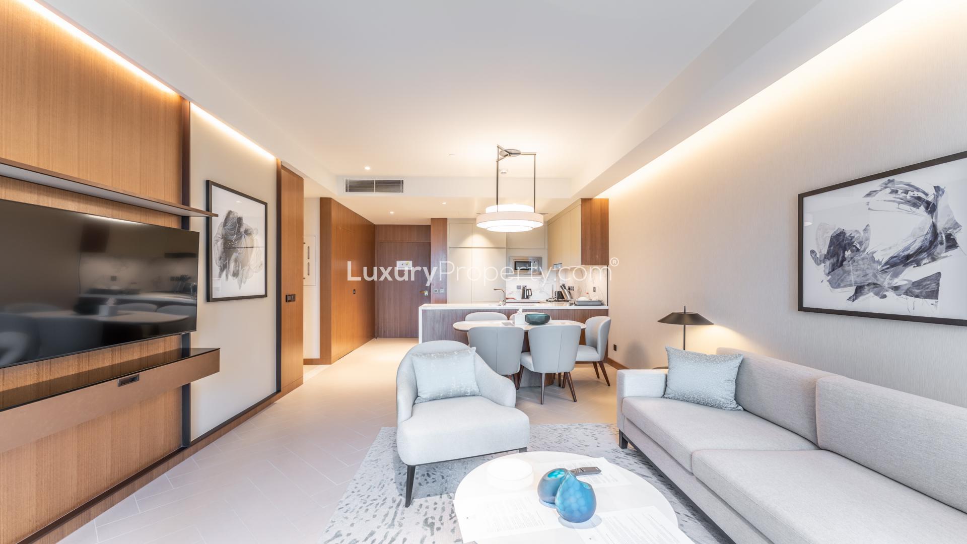 Furnished dining and living area in 2-bed apartment, The Address Residences Dubai Opera