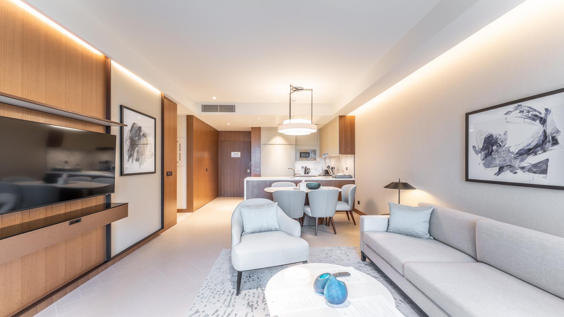 Furnished dining and living area in 2-bed apartment, The Address Residences Dubai Opera