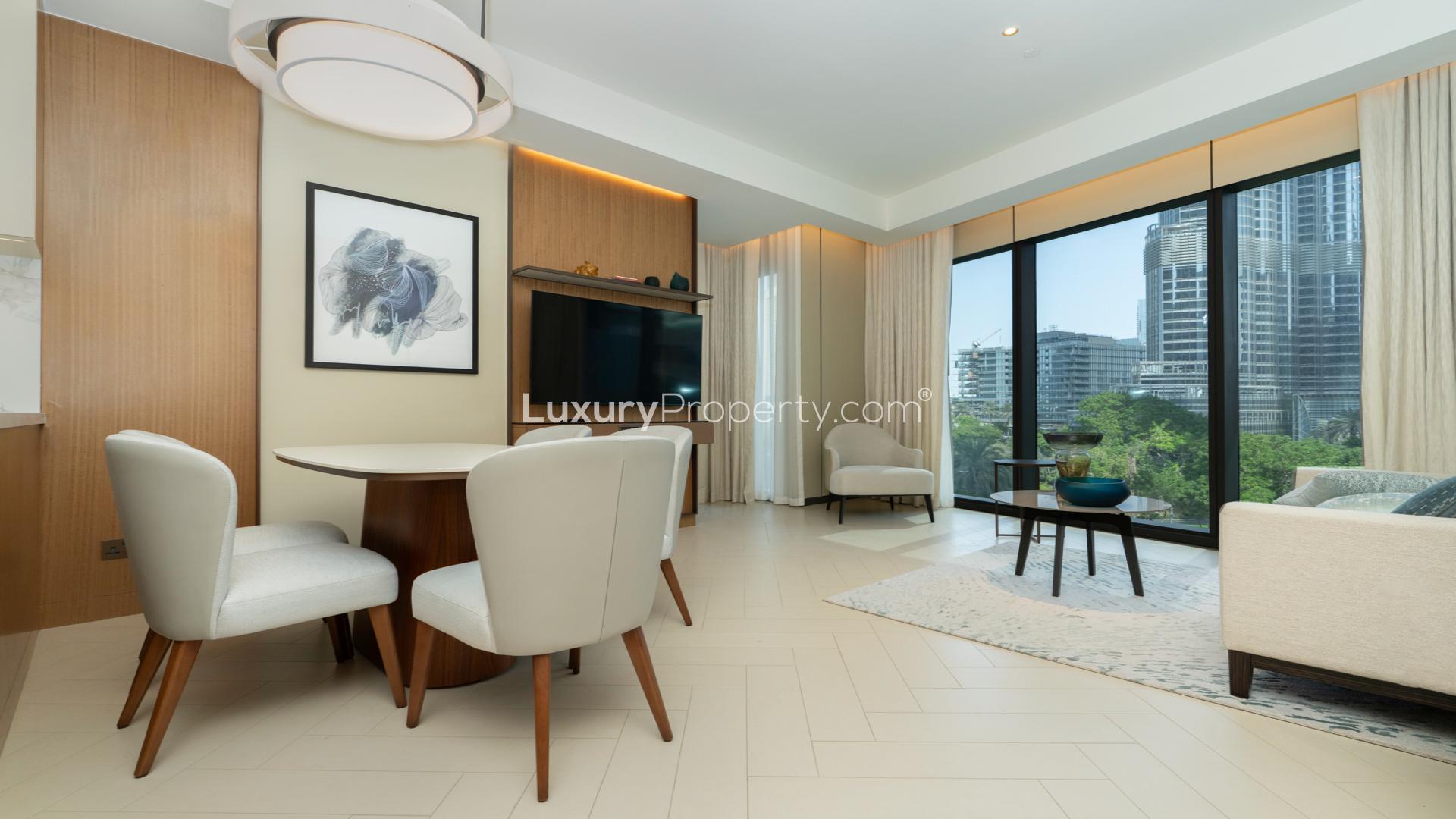 Apartment view of Burj Khalifa from The Address Residences Dubai Opera balcony, Downtown Dubai