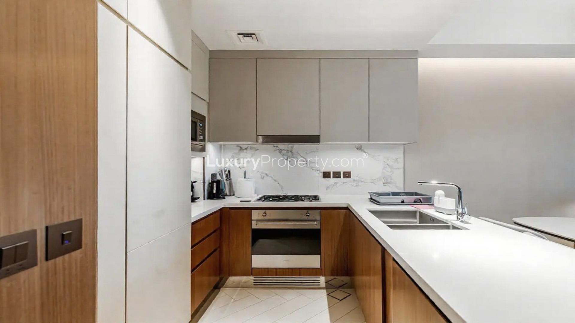 Modern living room with Burj Khalifa view in Address Residence Opera, Downtown Dubai apartment