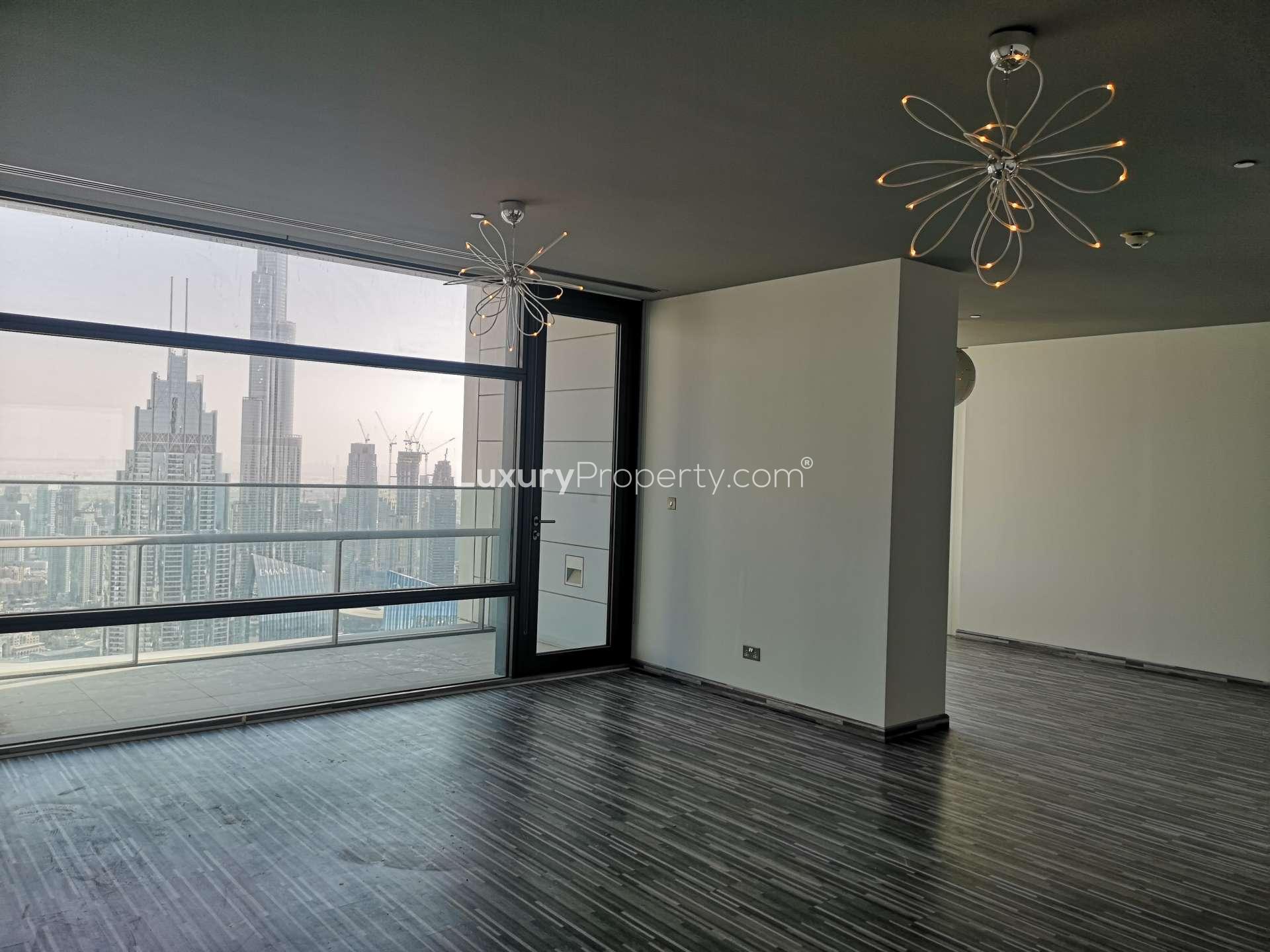 High-floor two-bedroom apartment interior with Burj Khalifa view in Index Tower, DIFC