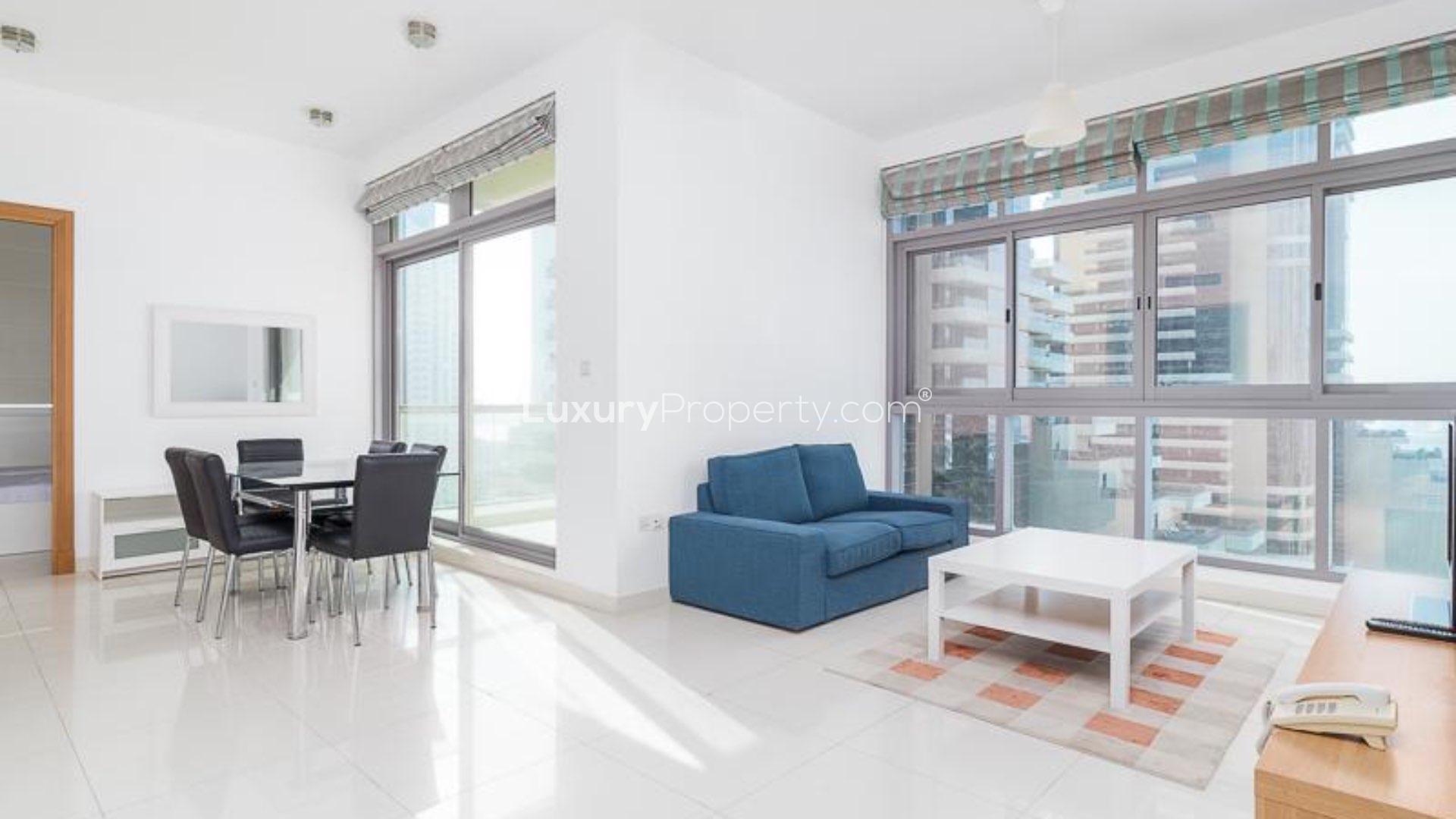 Dubai Marina view from Iris Blue apartment, featuring waterfront and modern skyscrapers