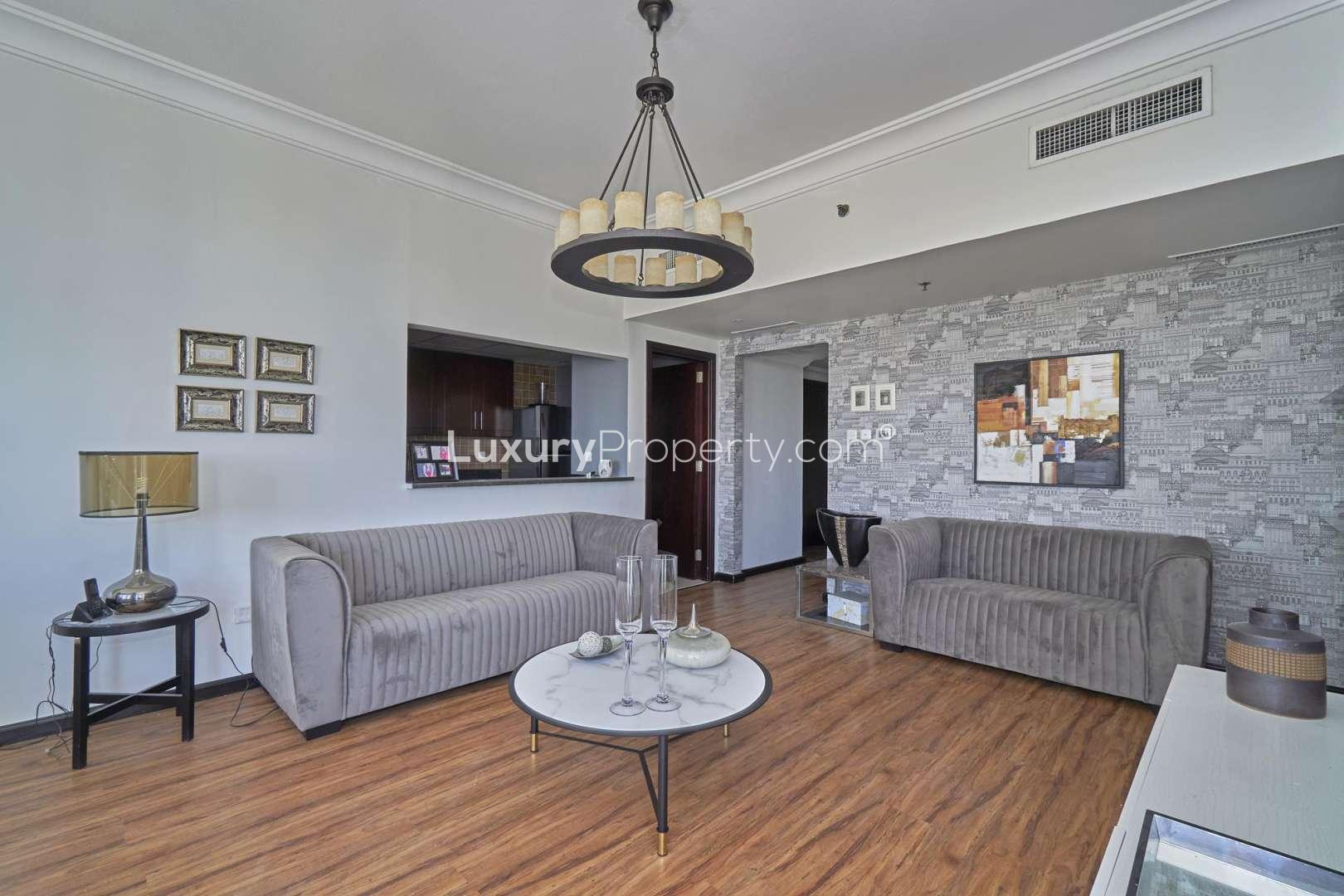Stunning furnished living room in 2-bedroom Jumeirah Lakes Towers apartment, Lake Shore Tower