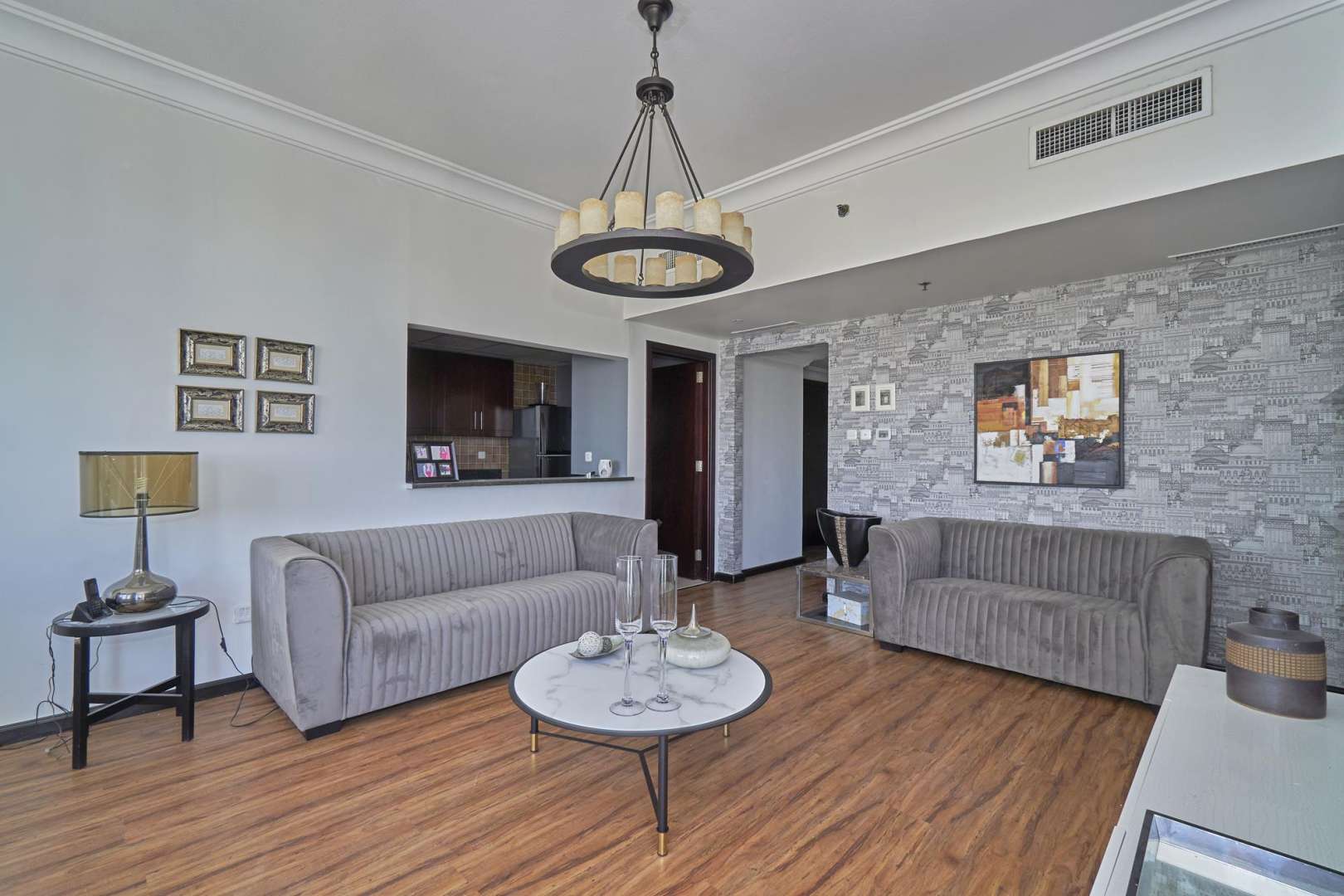 Stunning furnished living room in 2-bedroom Jumeirah Lakes Towers apartment, Lake Shore Tower