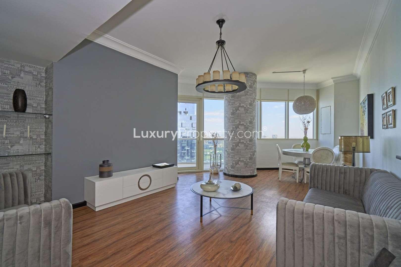 Aerial view of Jumeirah Lakes Towers skyline near Lake Shore Tower apartments