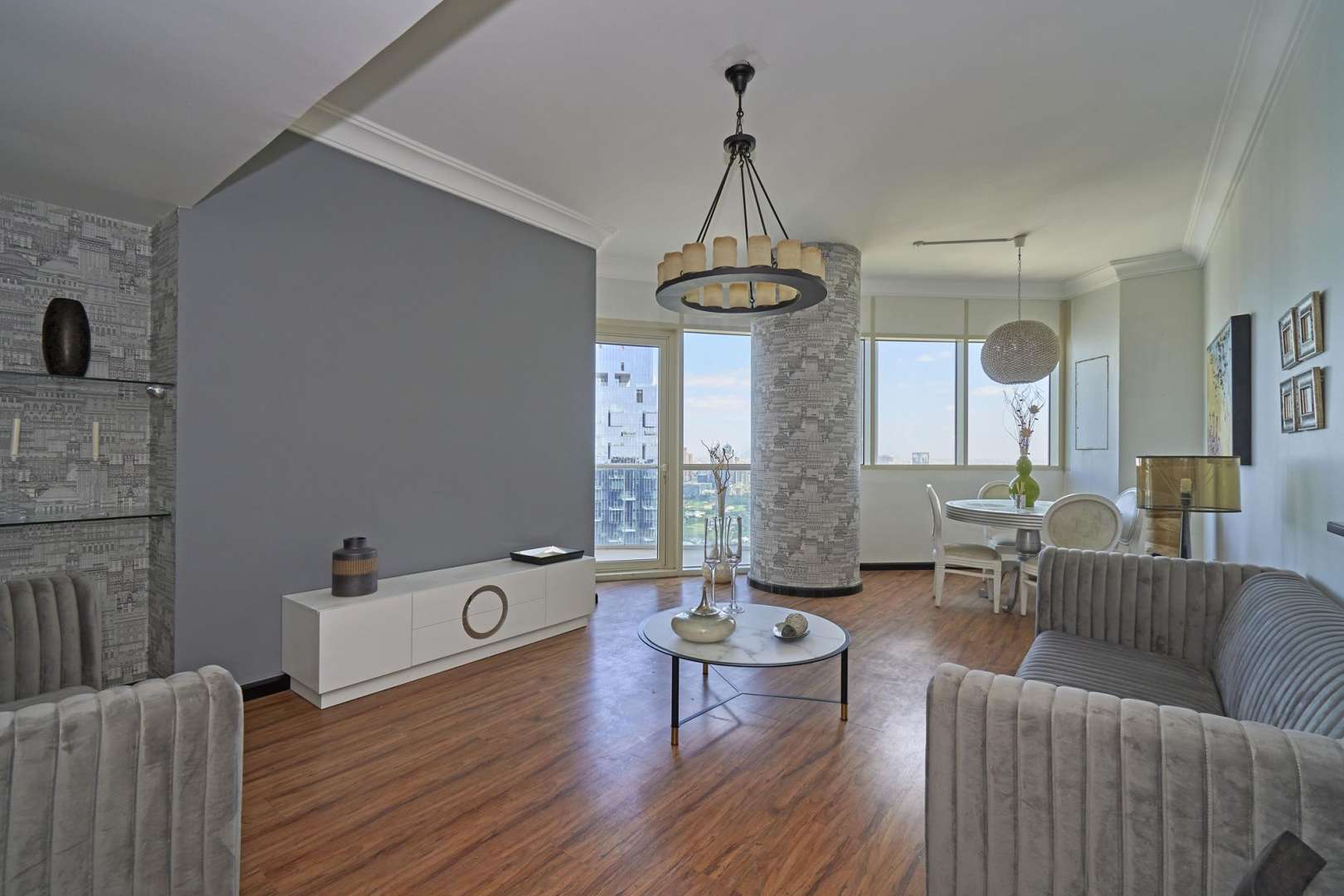 Aerial view of Jumeirah Lakes Towers skyline near Lake Shore Tower apartments