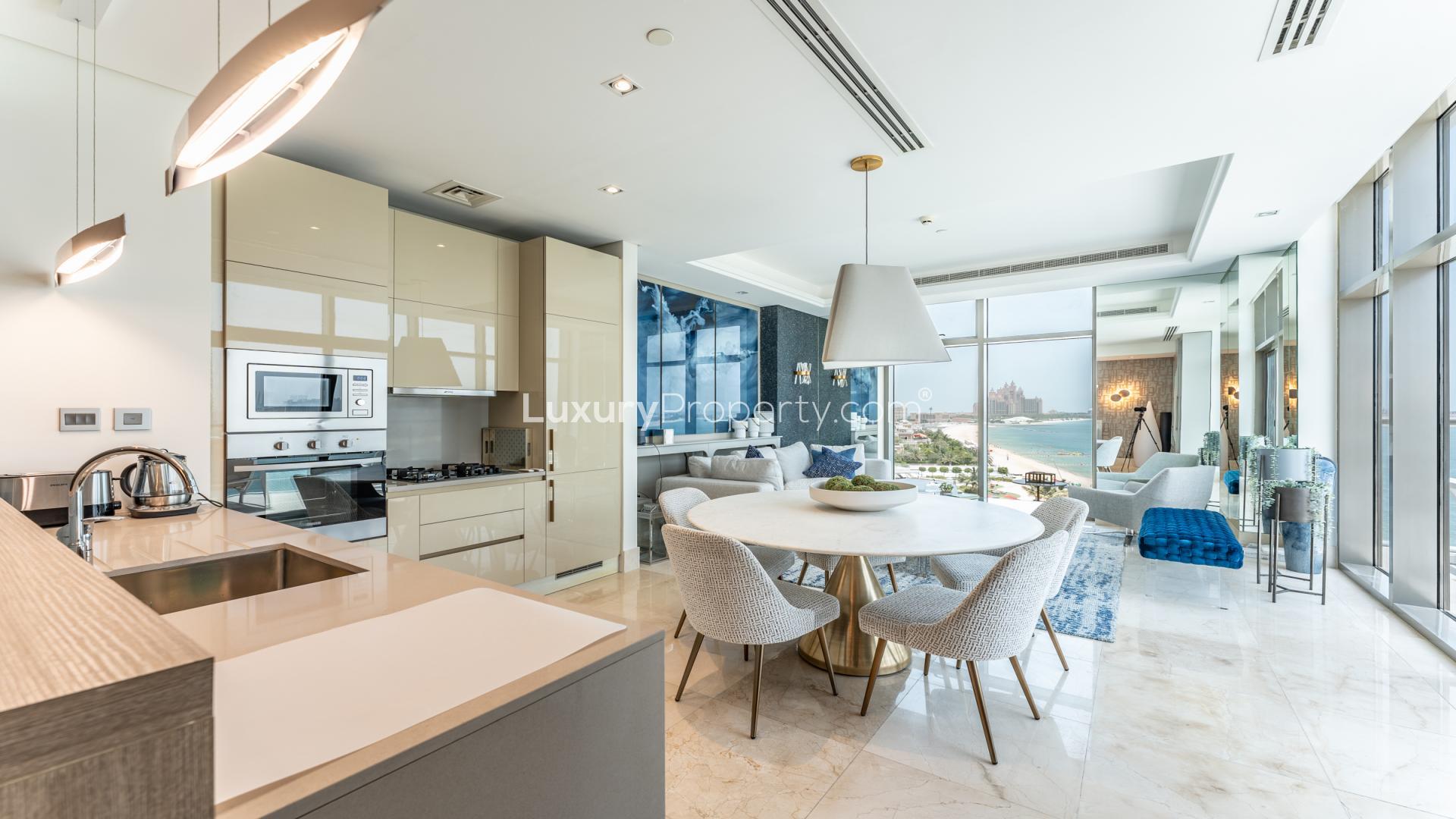 Luxurious living room in furnished 2-bedroom apartment, The Crescent, Palm Jumeirah, bright interior