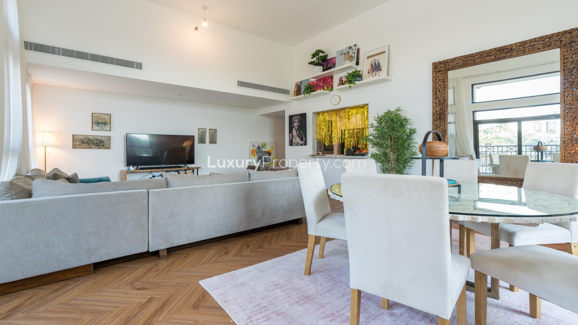 Stunning living room in 2-bedroom apartment, Madinat Jumeirah Living, with elegant decor and seating