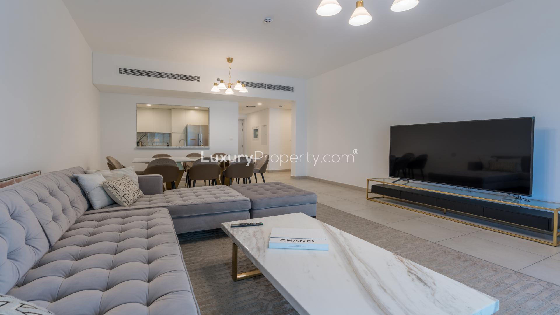 Furnished living and dining area in Lamtara, Umm Suqeim 2-bedroom apartment for rent
