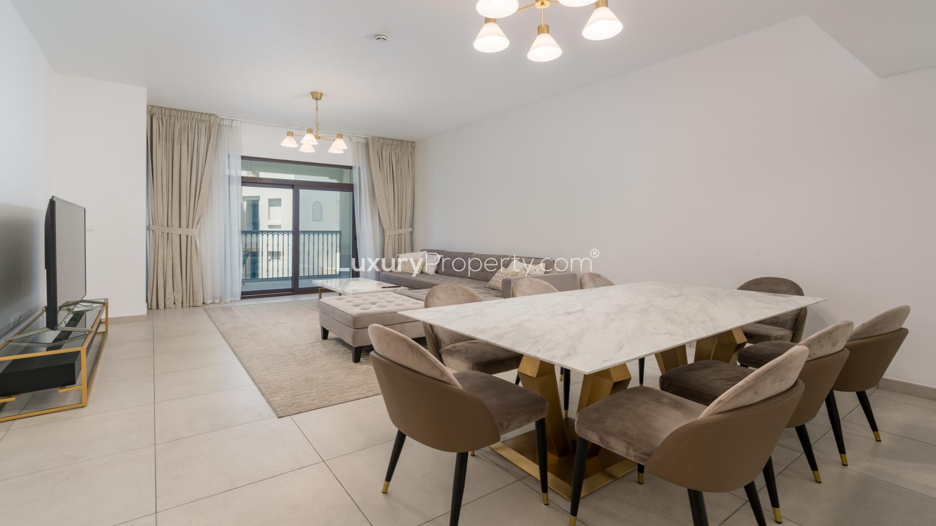 Furnished living room in 2-bedroom apartment, Madinat Jumeirah Living, Umm Suqeim, for rent