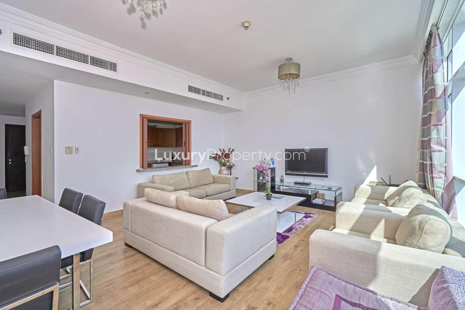 Luxury living room in mid-floor apartment, Mag 218, Dubai Marina, available for rent