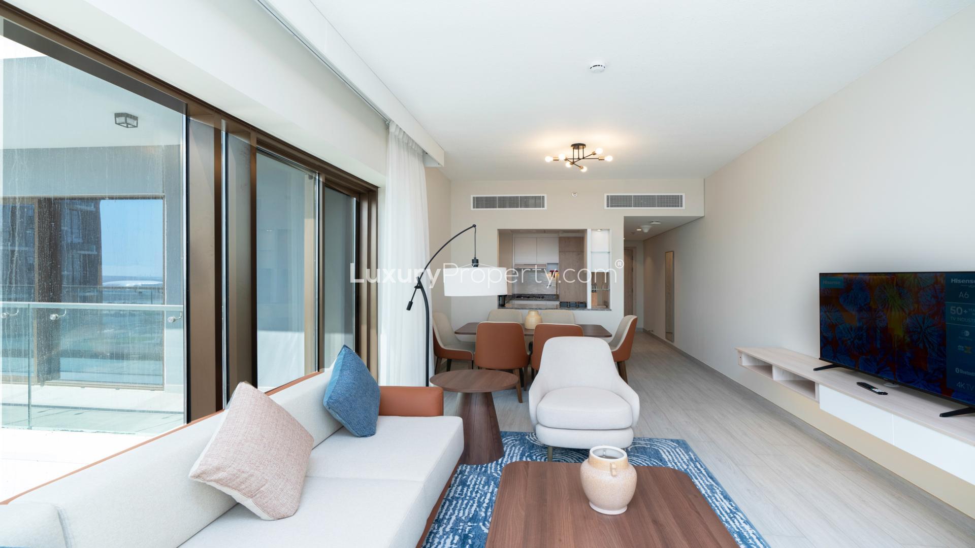 Modern living room in fully furnished 2-bedroom apartment, Business Bay, with stylish decor