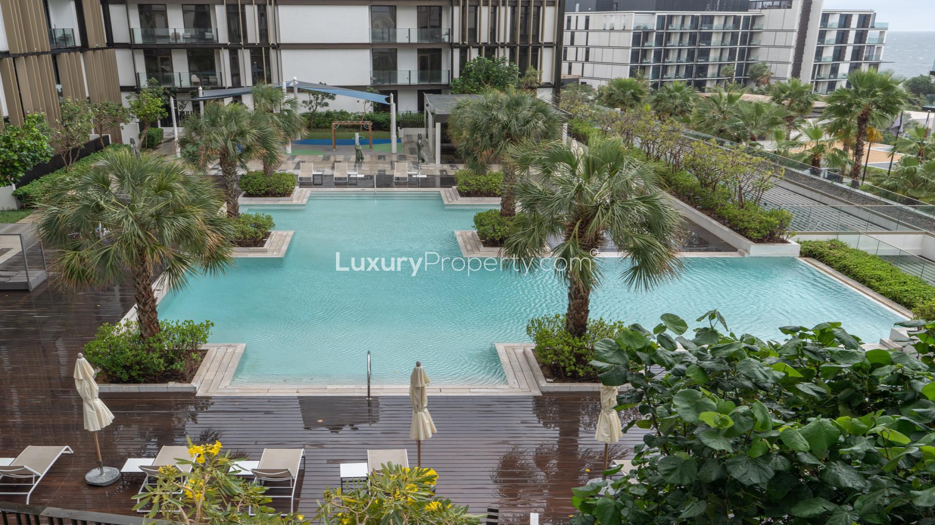 Modern living room in 2-bedroom apartment, Caesar's Palace Residence, Bluewaters Island