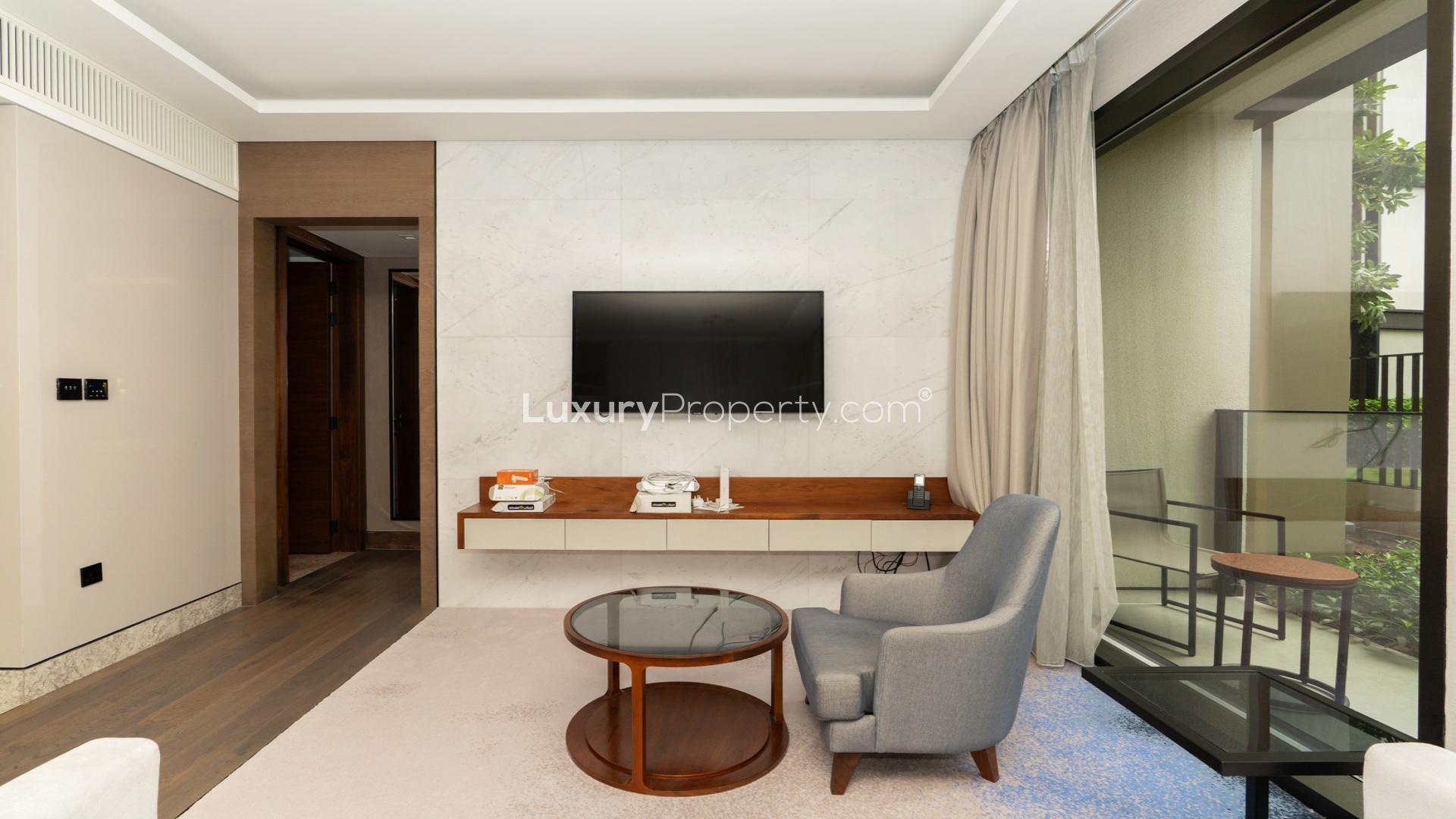 Modern living room in Bluewaters Residences apartment for rent, featuring stylish furniture and decor