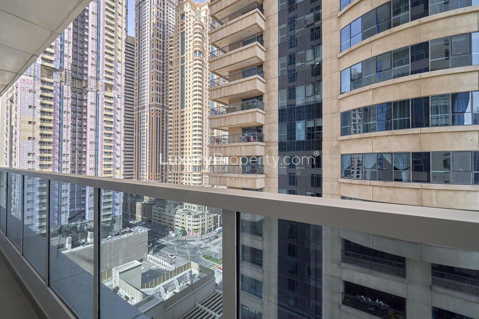 Balcony view from 2-bedroom apartment in Marina Arcade Tower, Dubai Marina for rent
