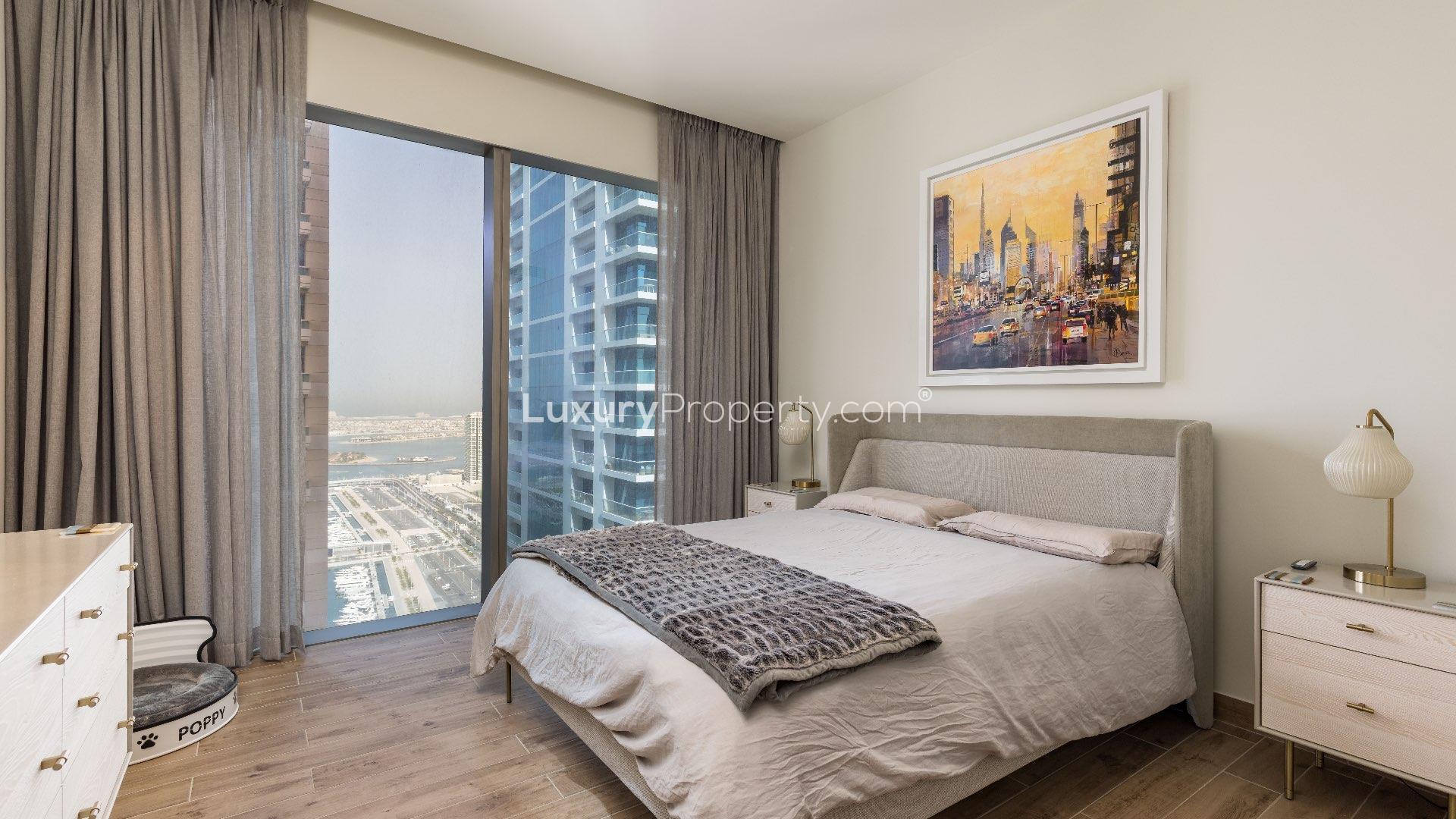 "Modern home office space with stunning Dubai Marina views, Marina Gate apartment for rent.",Luxury bedroom with marina views in fully upgraded Dubai Marina apartment for rent