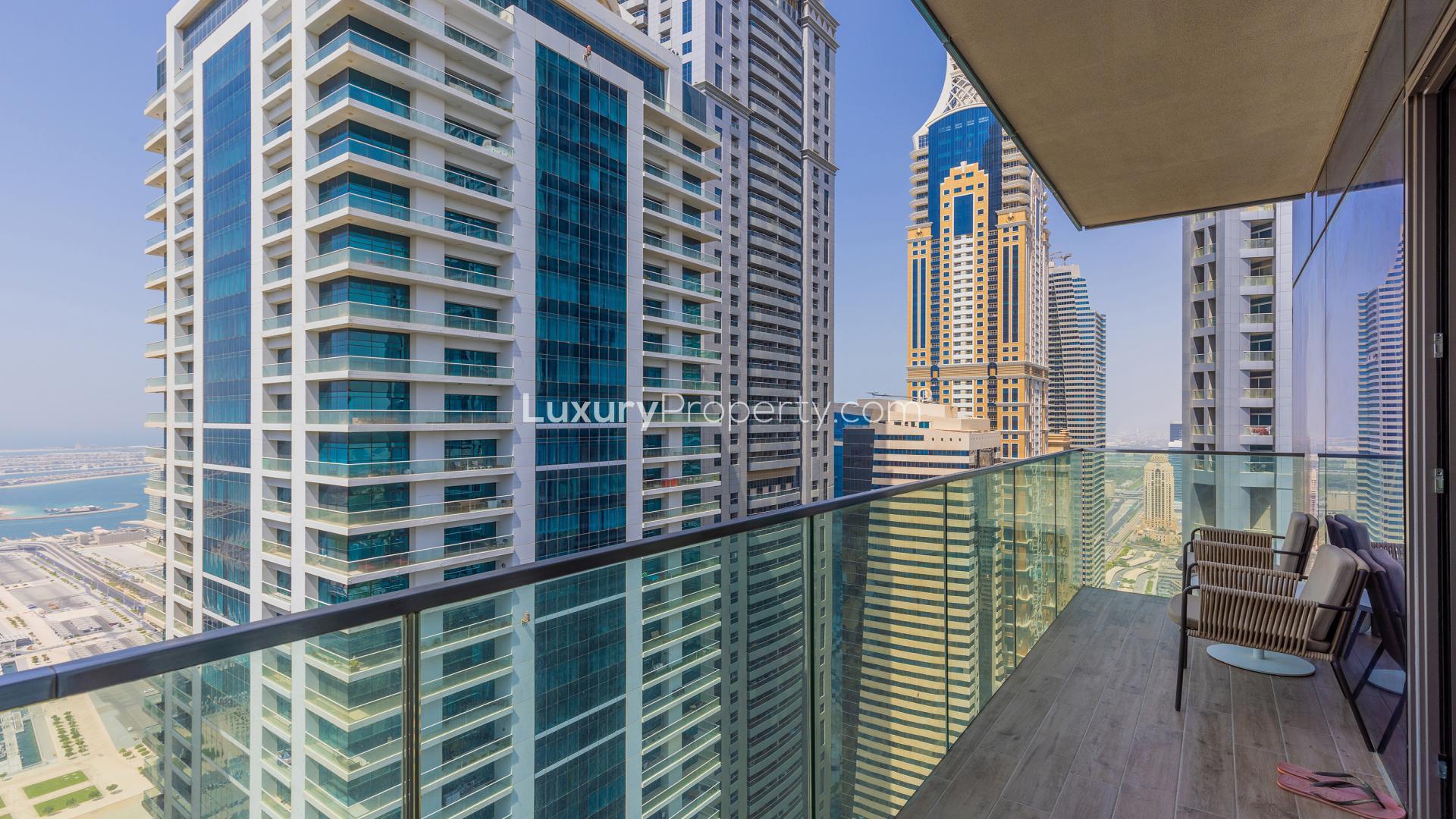 Luxurious high-floor apartment living room with modern furnishings in Dubai Marina, Marina Gate