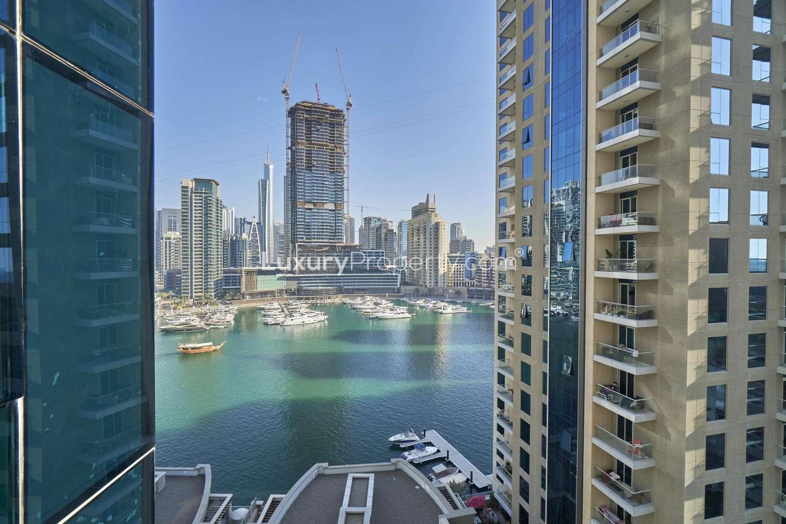 Balcony view from two-bedroom apartment in Attessa Tower, overlooking Dubai Marina skyline