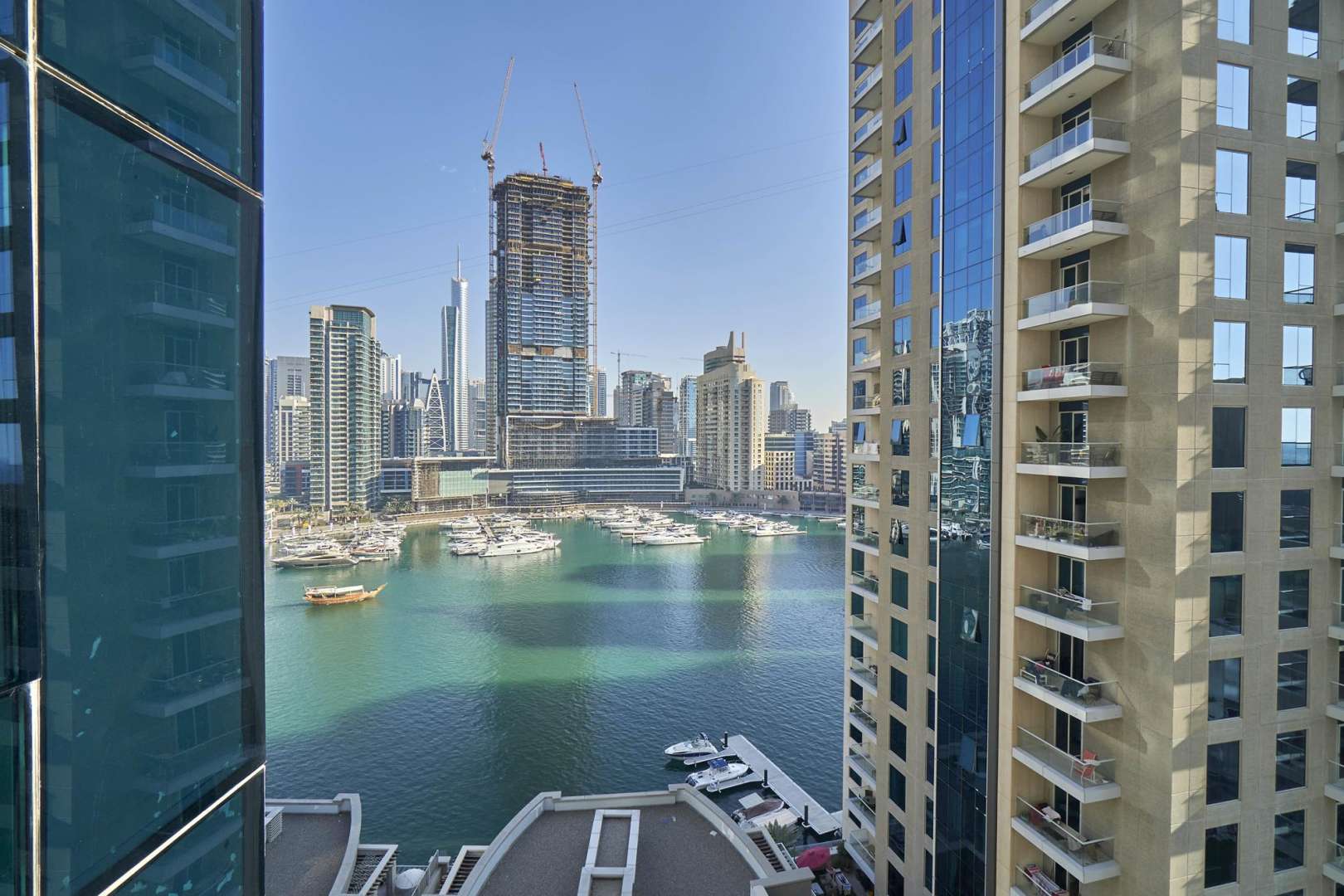 Balcony view from two-bedroom apartment in Attessa Tower, overlooking Dubai Marina skyline