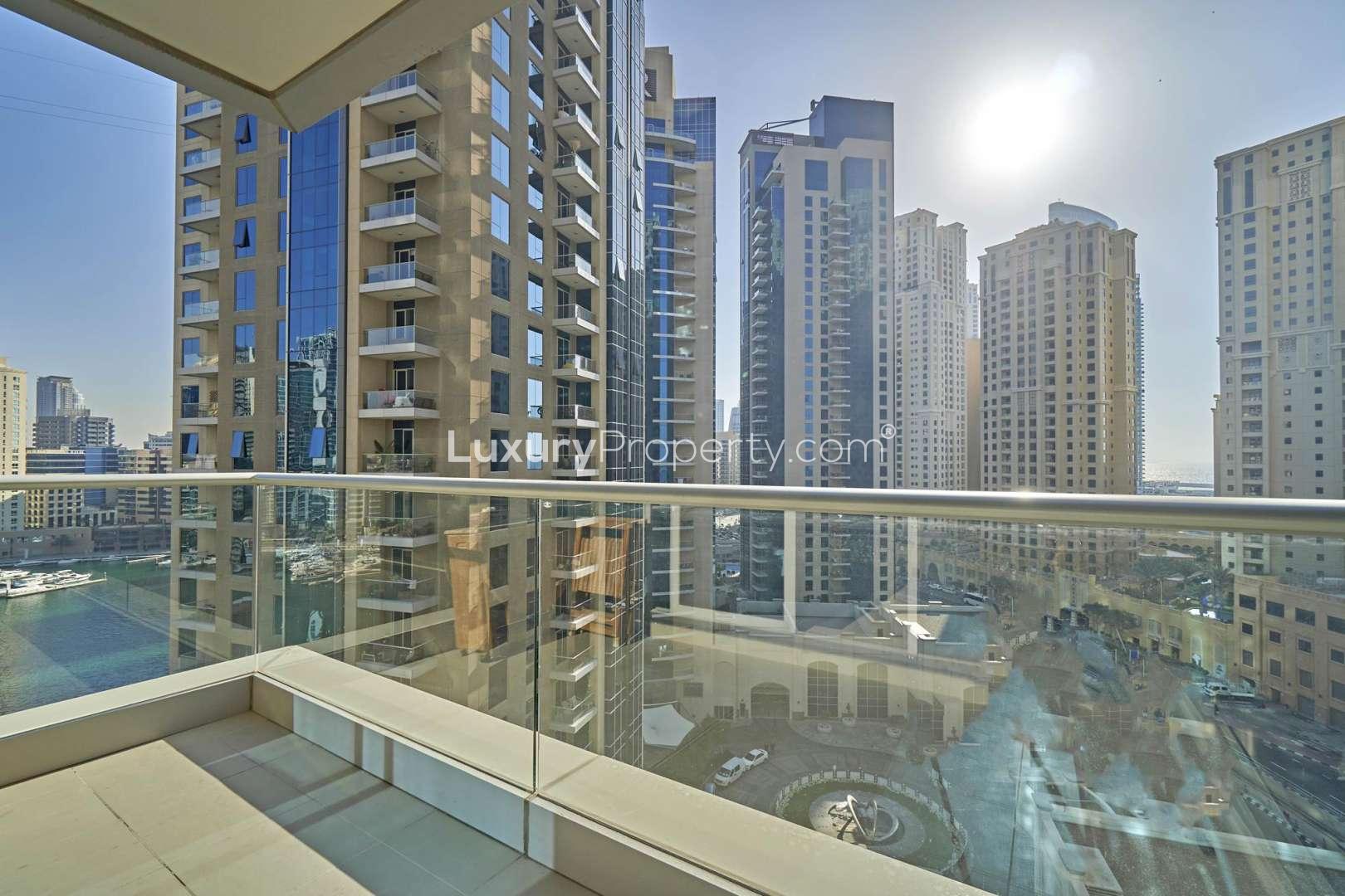 Bright living room in Attessa Tower apartment, Dubai Marina, with city views