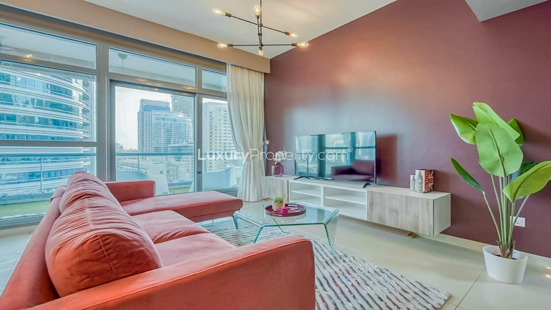 Balcony view of Dubai Marina skyline from Marina Residence apartment for rent