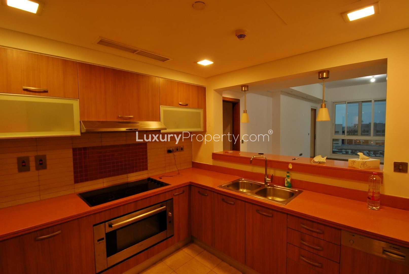 View from 2-bedroom apartment balcony in Marina Residences, Palm Jumeirah at sunset