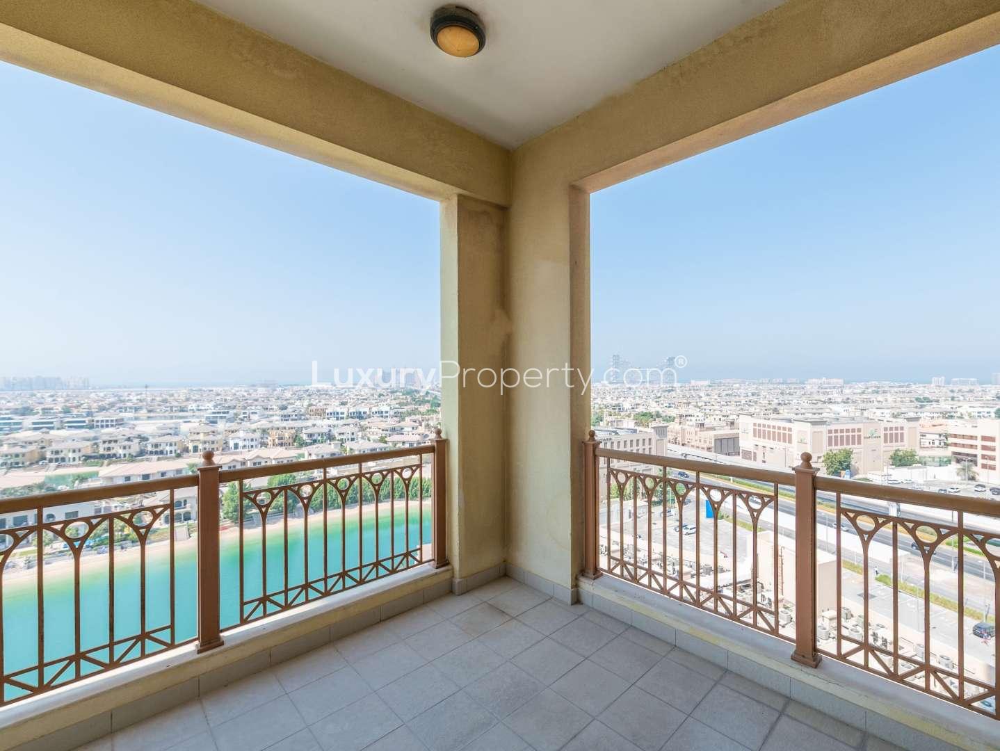 Spacious living room in Marina Residences apartment, Palm Jumeirah with balcony view
