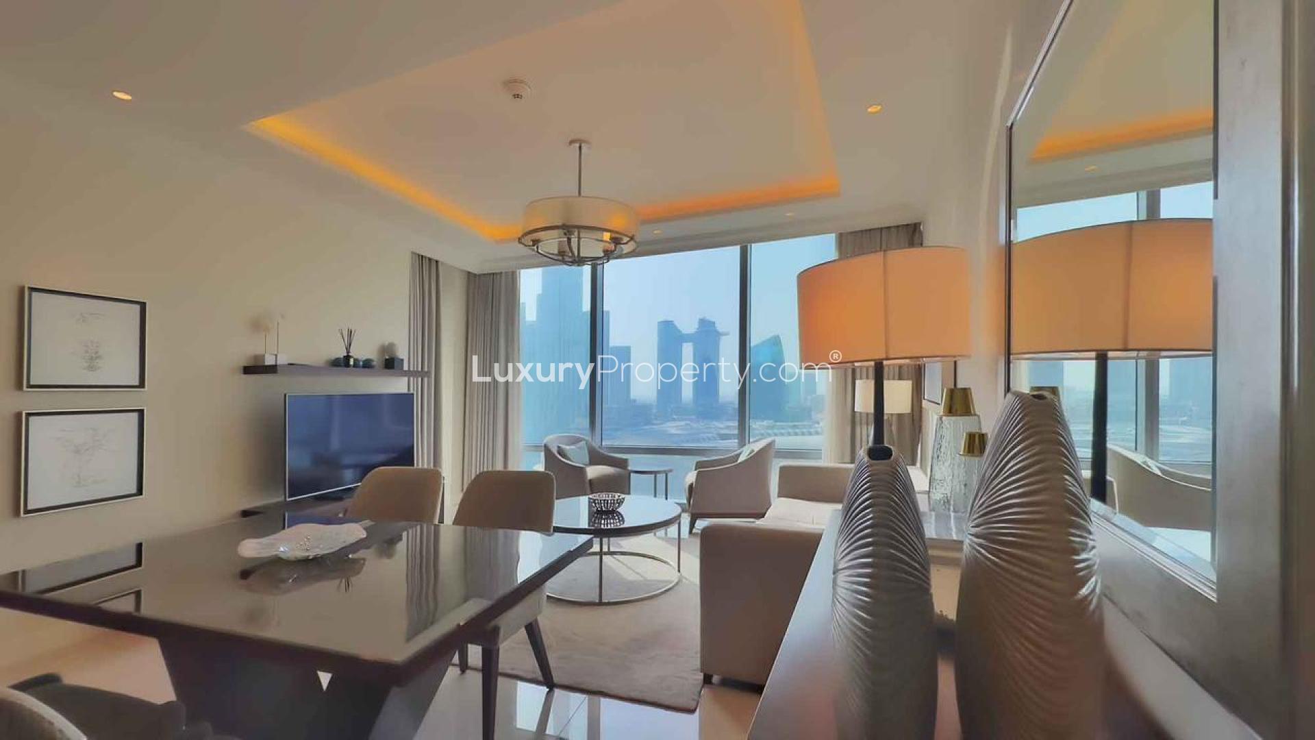 Modern living room with Burj Khalifa view in Downtown Dubai apartment for rent