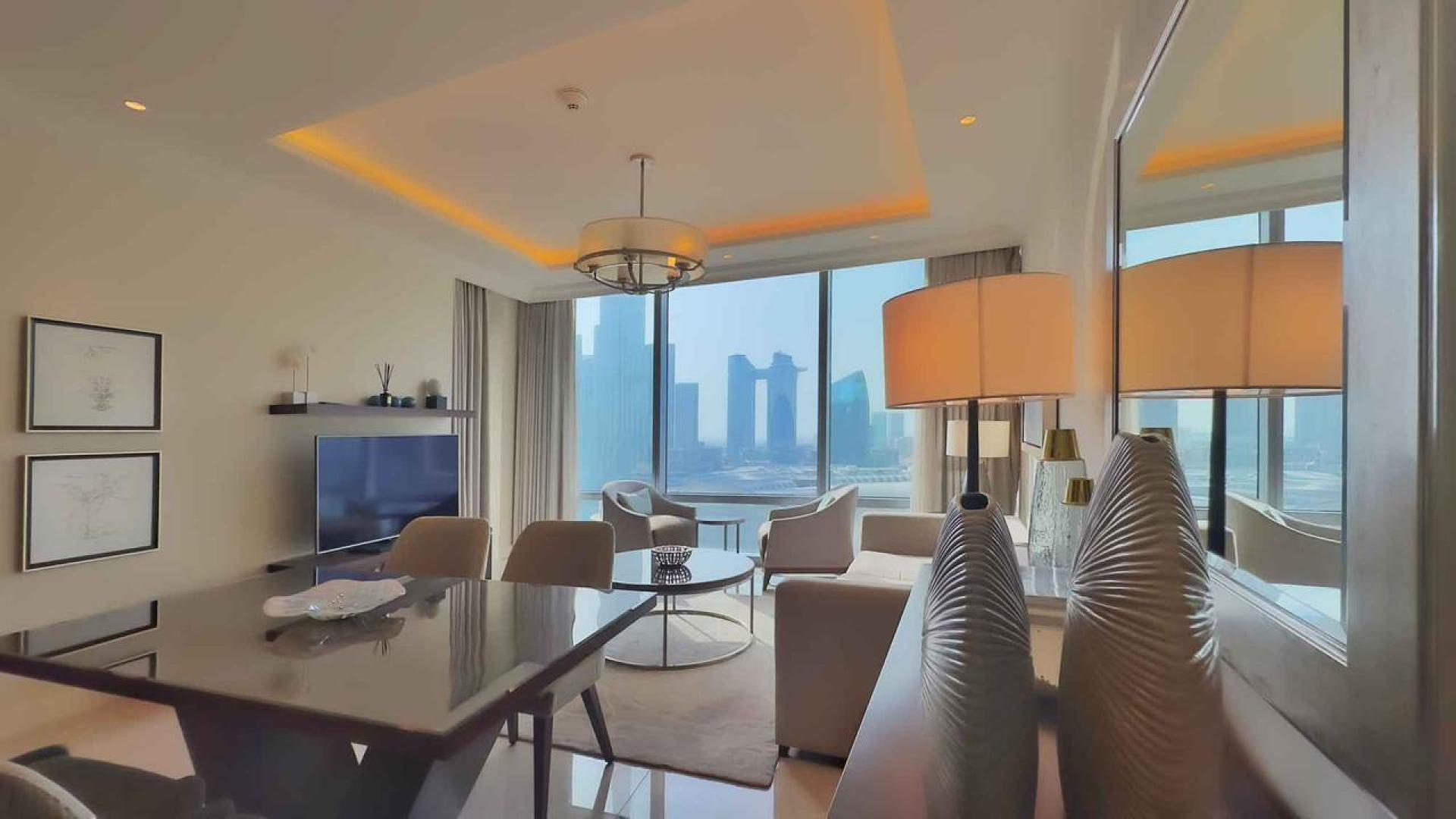 Modern living room with Burj Khalifa view in Downtown Dubai apartment for rent