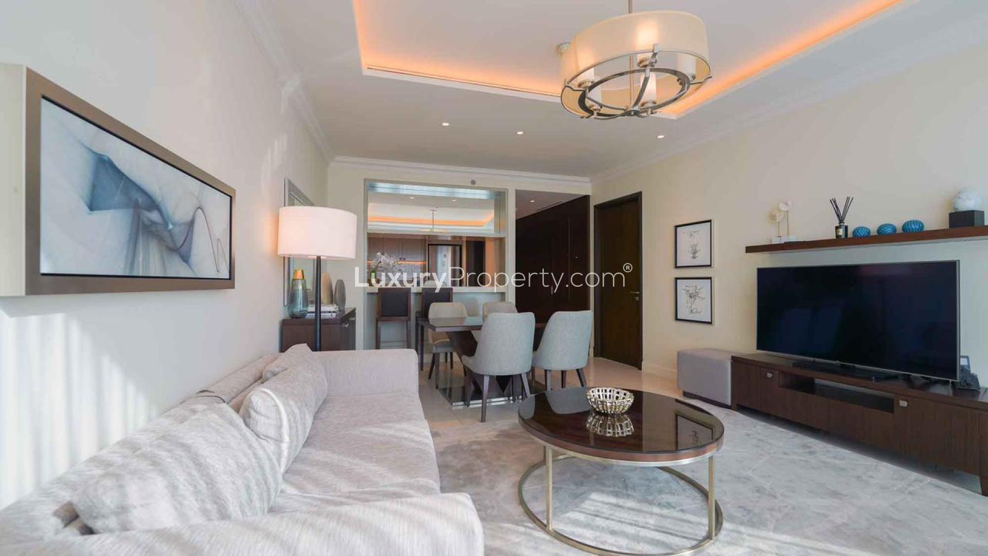 Luxurious living room in 1-bedroom apartment, Address Fountain Views, Downtown Dubai, modern decor