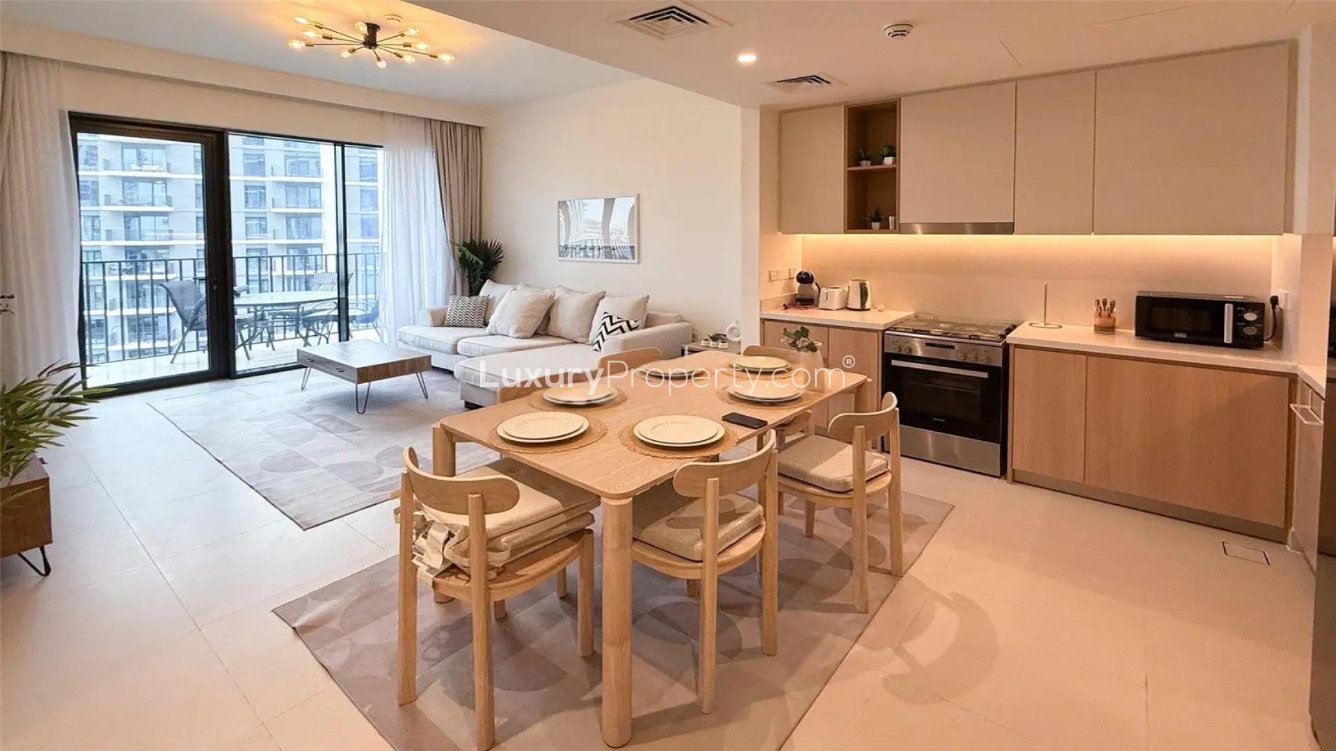 Modern living room and kitchen in Dubai Creek Harbour apartment for rent, Island Park 2