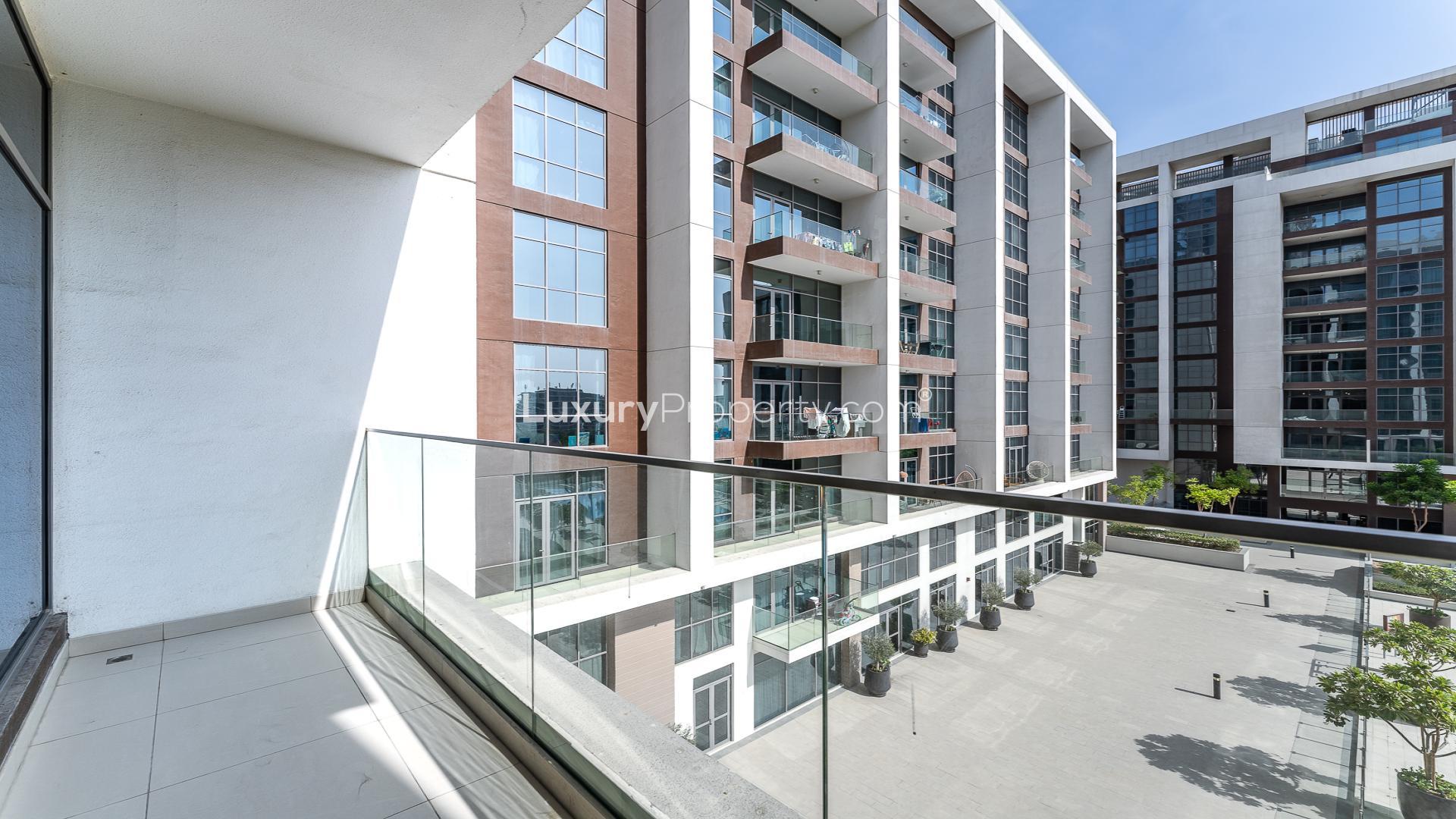 Modern balcony view from 2-bedroom apartment in Dubai Hills Estate, Acacia, Park Heights
