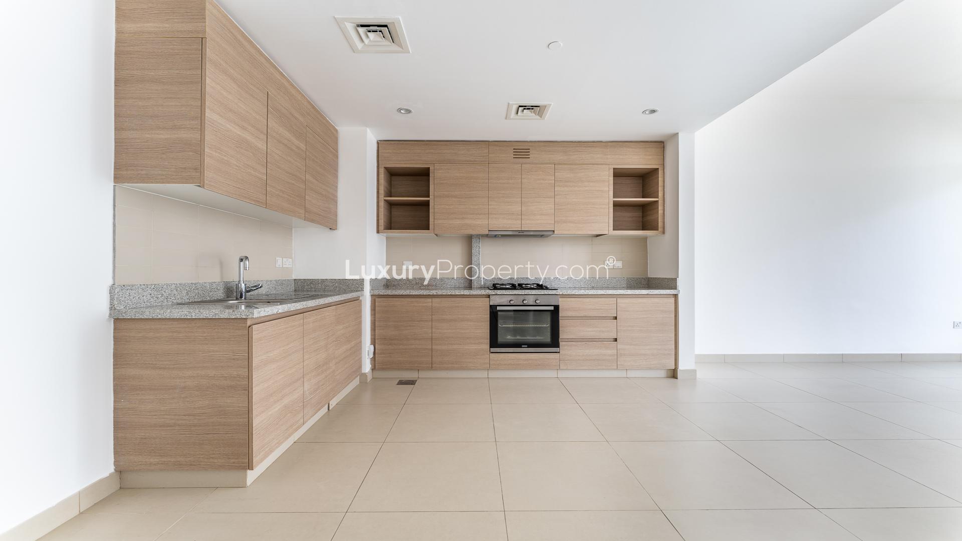 Balcony view of modern apartment in Dubai Hills Estate Acacia, Park Heights community