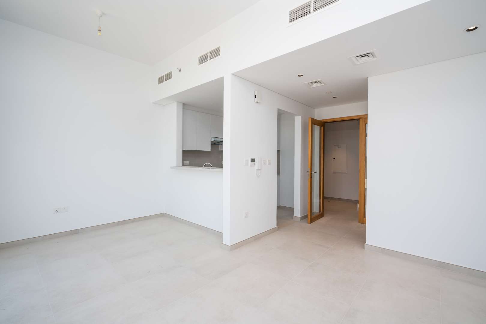 Empty living room in Mudon Views 2-bedroom apartment with open kitchen and wooden door
