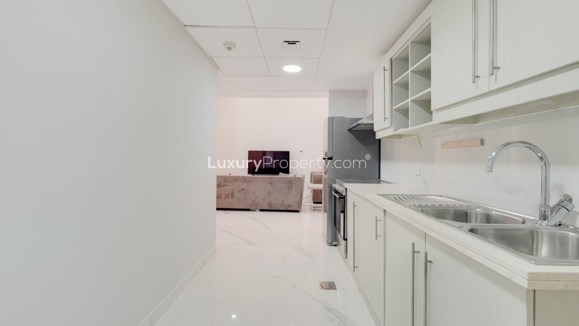 Fully upgraded loft apartment living room with modern staircase, Jumeirah Beach Residence