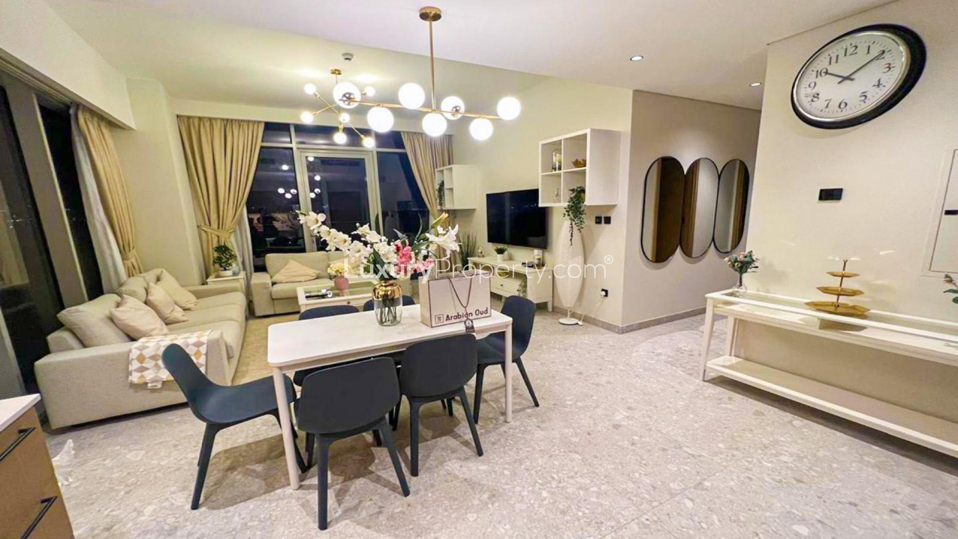 Bright living room and kitchen in furnished 2-bedroom apartment, Dubai Hills Estate, for rent