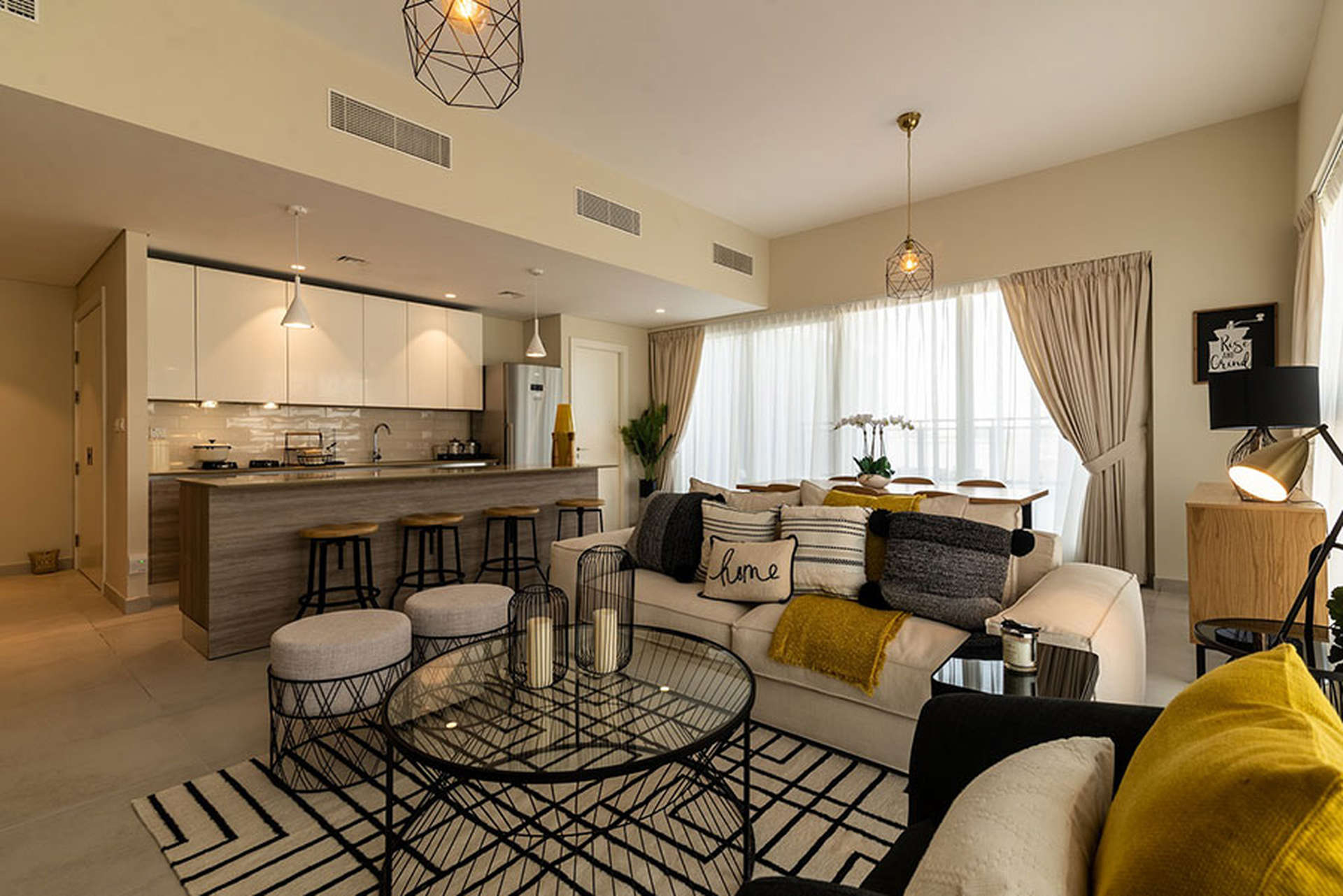 Modern outdoor terrace of furnished apartment in Olivara Residences, Dubai Studio City for rent
